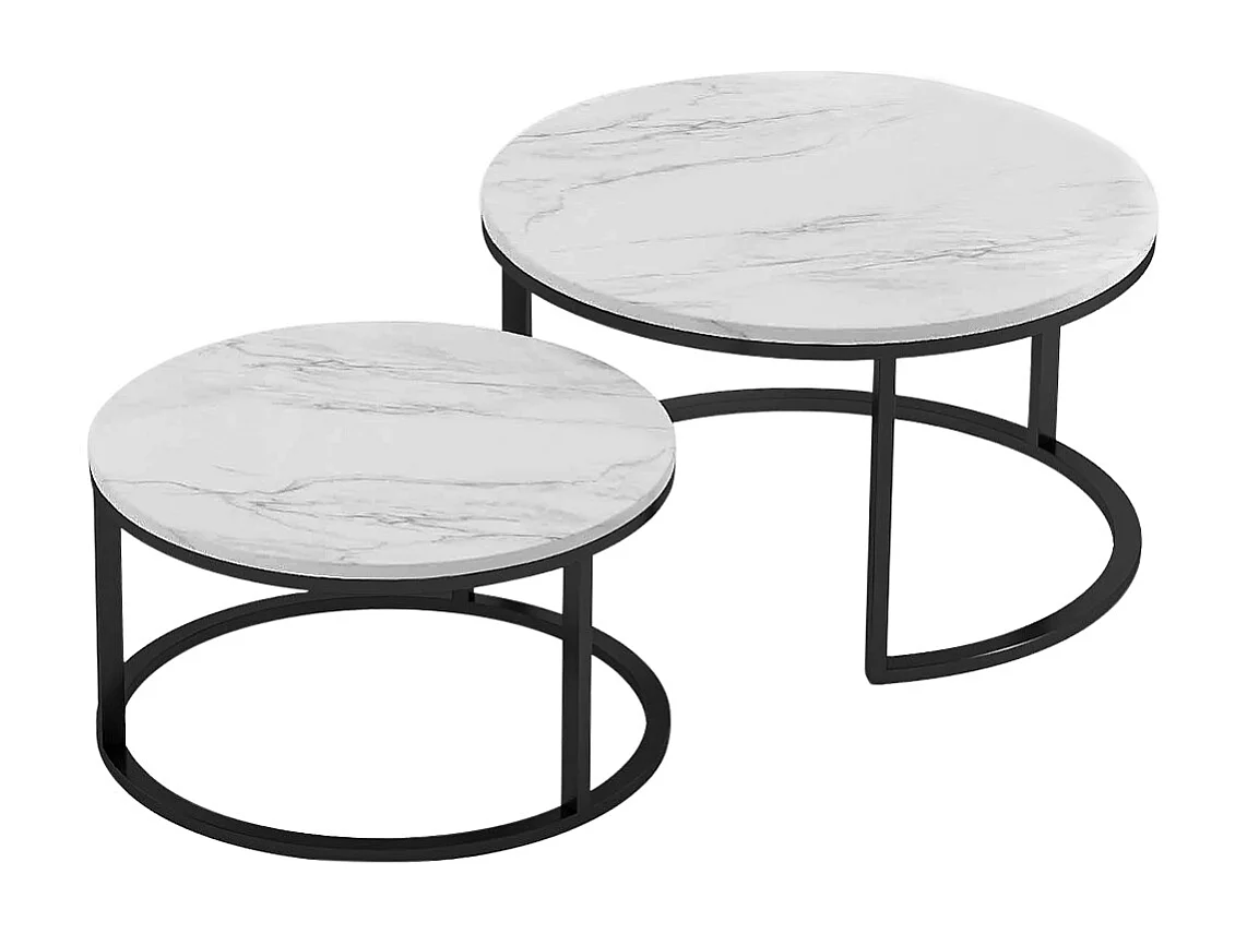Tables rondes 2pcs - Table de côté moderne avec haut en marbre d'imitation blanc et jambes en cadre métallique - noir