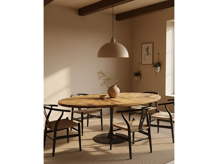 Sofia- Table ovale 8 personnes en bois massif , Plateau Manguier & Pied Tulipe Noir Mat