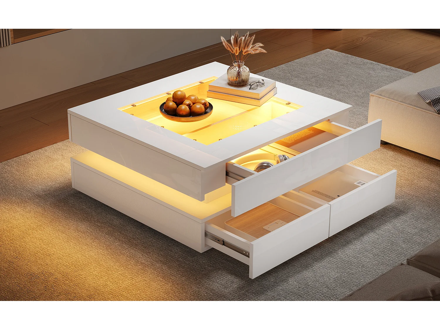 Coffee table 70 x 70 x 35 cm - with LED lighting - 3 drawers - Glass top - High-gloss lacquered finish - White