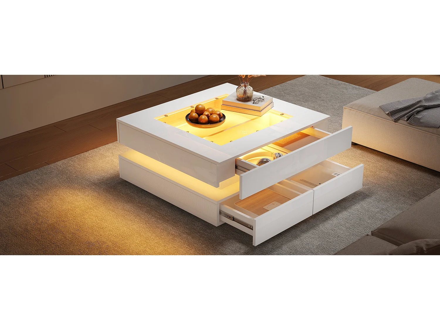 Coffee table 70 x 70 x 35 cm - with LED lighting - 3 drawers - Glass top - High-gloss lacquered finish - White