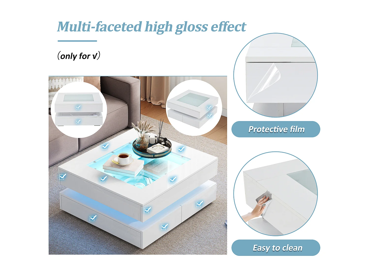 Coffee table 70 x 70 x 35 cm - with LED lighting - 3 drawers - Glass top - High-gloss lacquered finish - White