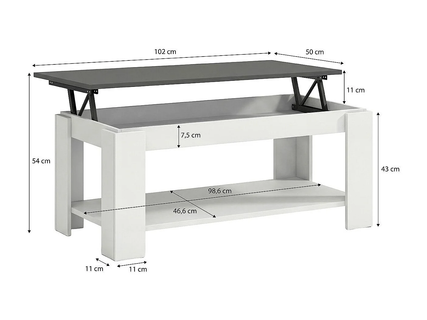 Mesa de centro elevatória Lya Artik Branco (Branco mate) - Cinzento antracite