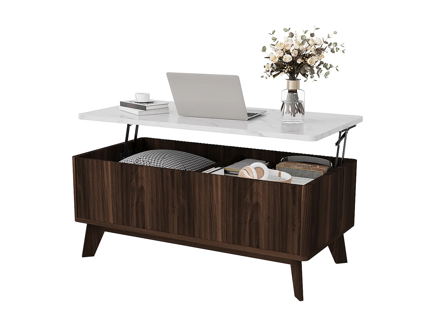 Tavolino da caffè in stile metà secolo con piano sollevabile e vano nascosto, 105x53x42 cm, bianco + noce