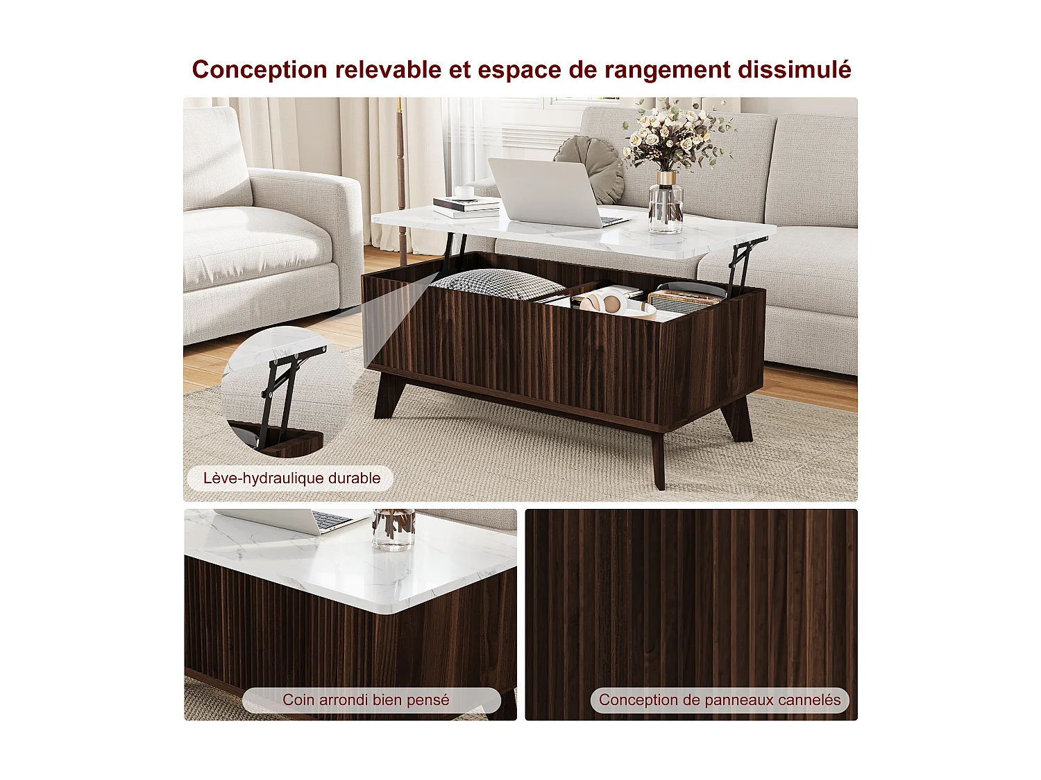 Tavolino da caffè in stile metà secolo con piano sollevabile e vano nascosto, 105x53x42 cm, bianco + noce