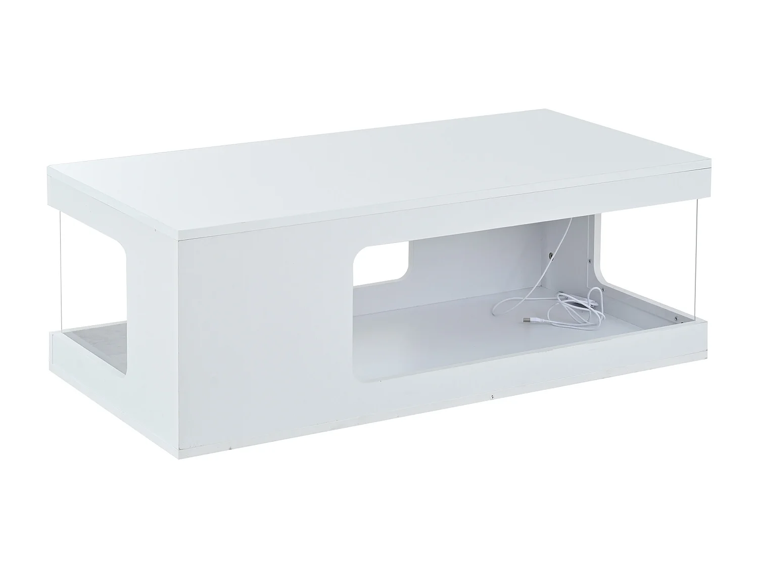 Hochglänzender Couchtisch fürs Wohnzimmer – 100 x 50 x 35 cm – mit Ablagen aus gehärtetem Glas und LED-Beleuchtung – Spanplatte – weiß