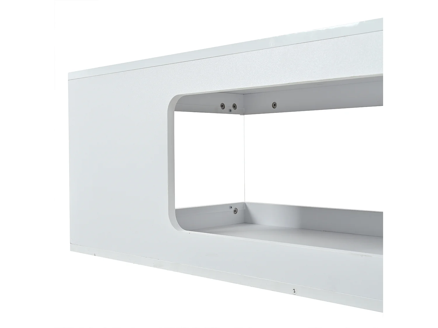 Hochglänzender Couchtisch fürs Wohnzimmer – 100 x 50 x 35 cm – mit Ablagen aus gehärtetem Glas und LED-Beleuchtung – Spanplatte – weiß