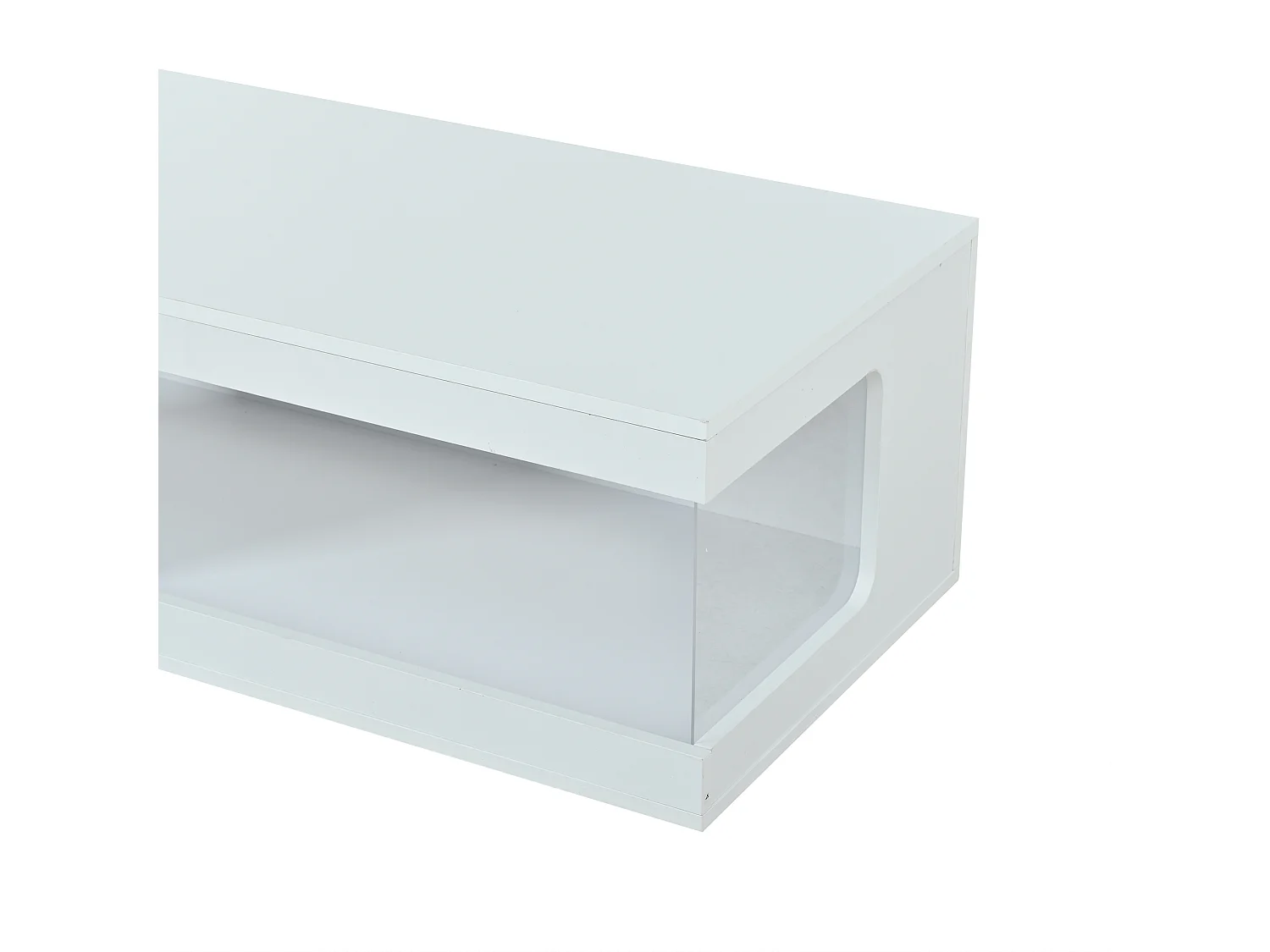 Hochglänzender Couchtisch fürs Wohnzimmer – 100 x 50 x 35 cm – mit Ablagen aus gehärtetem Glas und LED-Beleuchtung – Spanplatte – weiß