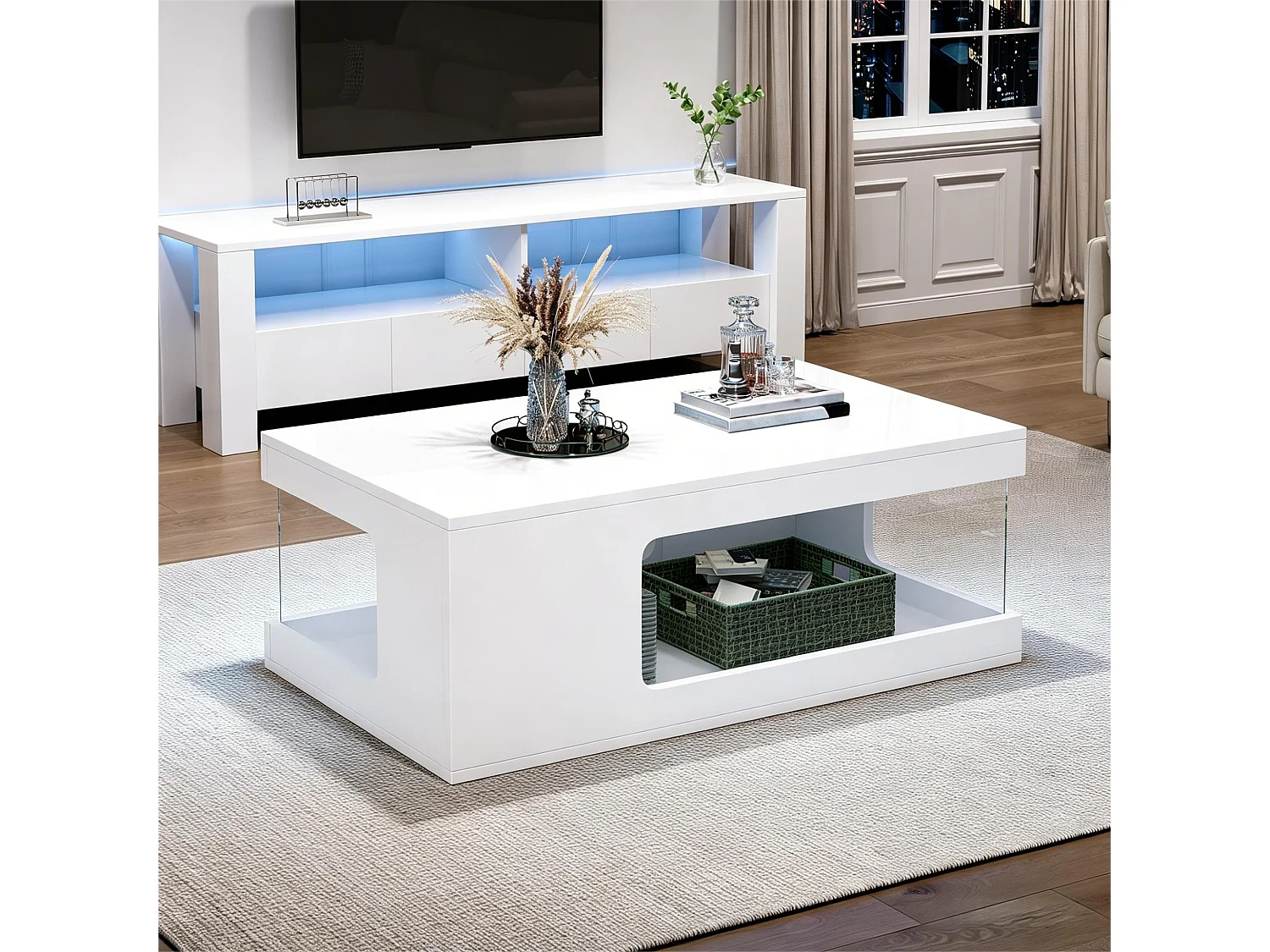 Hochglänzender Couchtisch fürs Wohnzimmer – 100 x 50 x 35 cm – mit Ablagen aus gehärtetem Glas und LED-Beleuchtung – Spanplatte – weiß