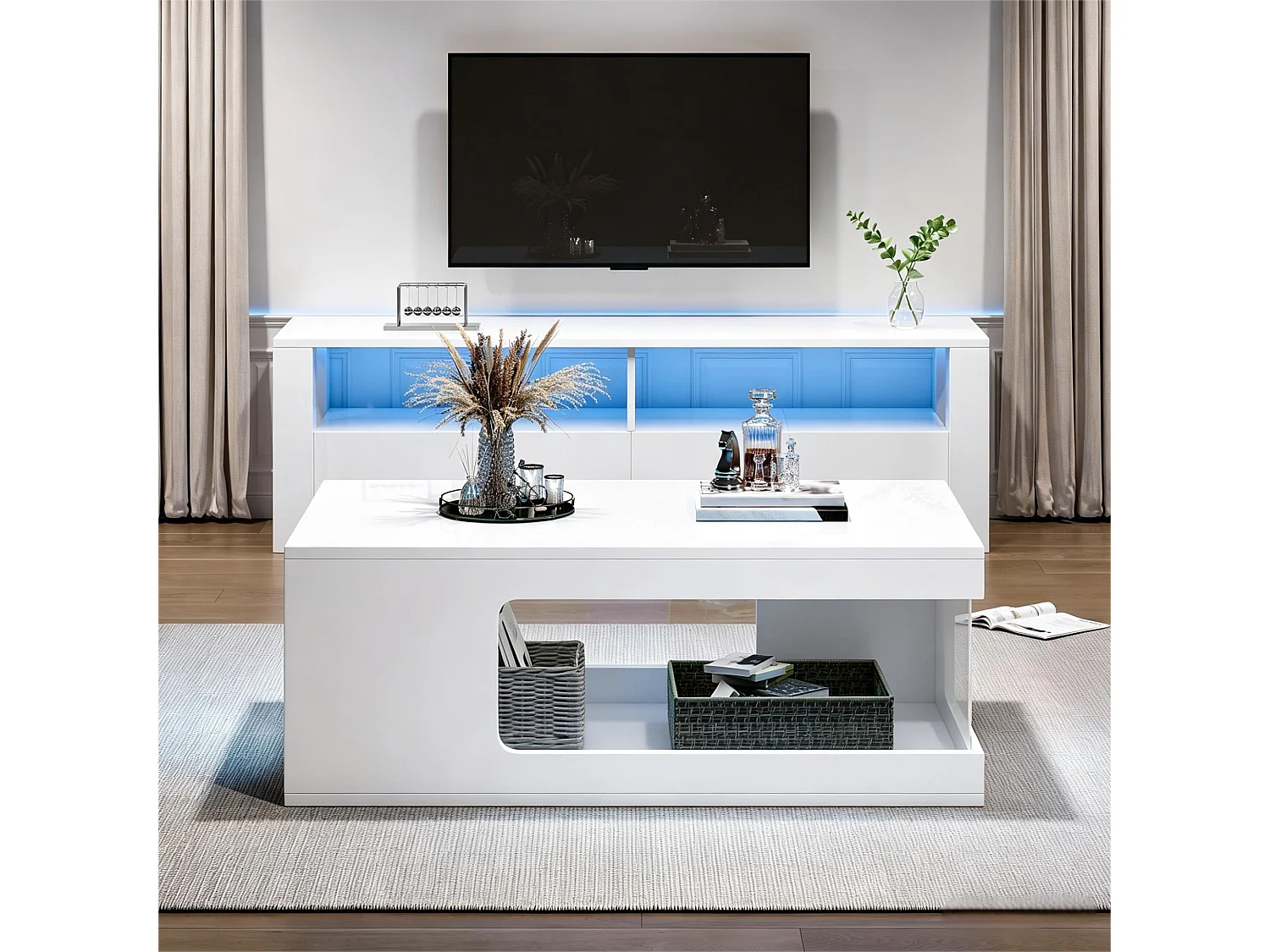 Hochglänzender Couchtisch fürs Wohnzimmer – 100 x 50 x 35 cm – mit Ablagen aus gehärtetem Glas und LED-Beleuchtung – Spanplatte – weiß