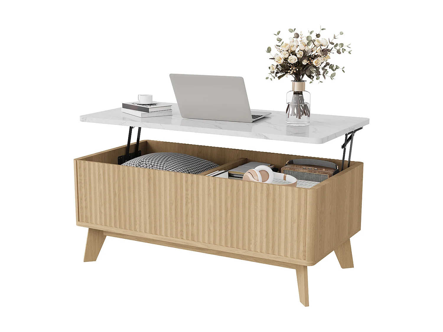 Couchtisch im Mid-Century-Stil mit Hubmechanismus und verstecktem Fach, 105 x 53 x 42 cm, Weiß + Elfenbein