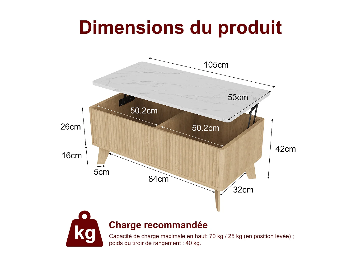 Couchtisch im Mid-Century-Stil mit Hubmechanismus und verstecktem Fach, 105 x 53 x 42 cm, Weiß + Elfenbein