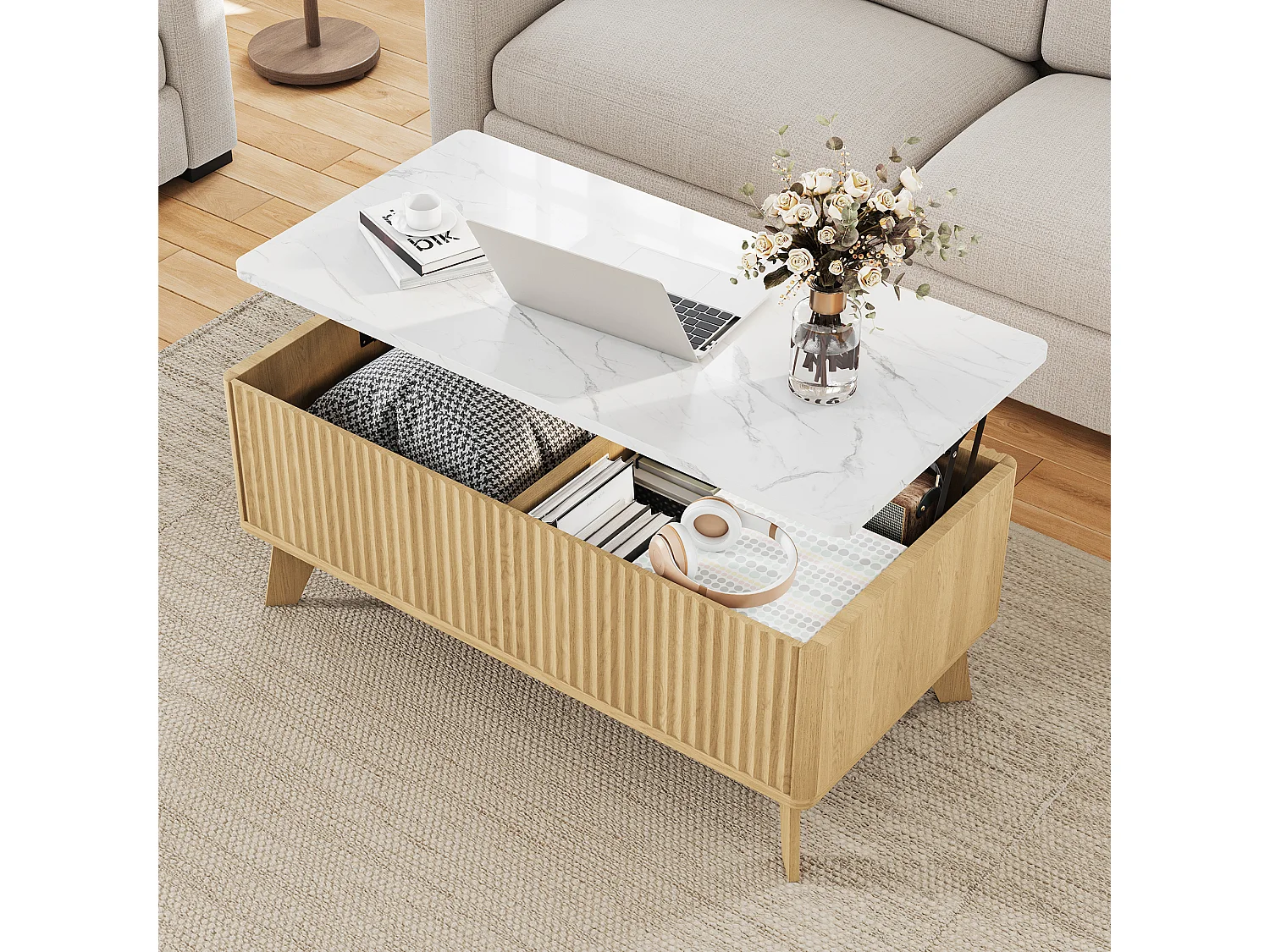 Couchtisch im Mid-Century-Stil mit Hubmechanismus und verstecktem Fach, 105 x 53 x 42 cm, Weiß + Elfenbein