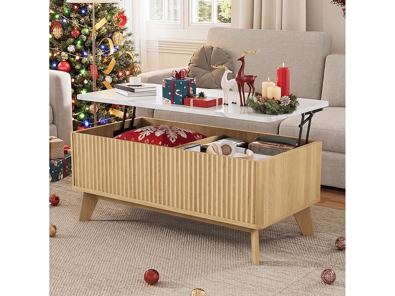 Couchtisch im Mid-Century-Stil mit Hubmechanismus und verstecktem Fach, 105 x 53 x 42 cm, Weiß + Elfenbein