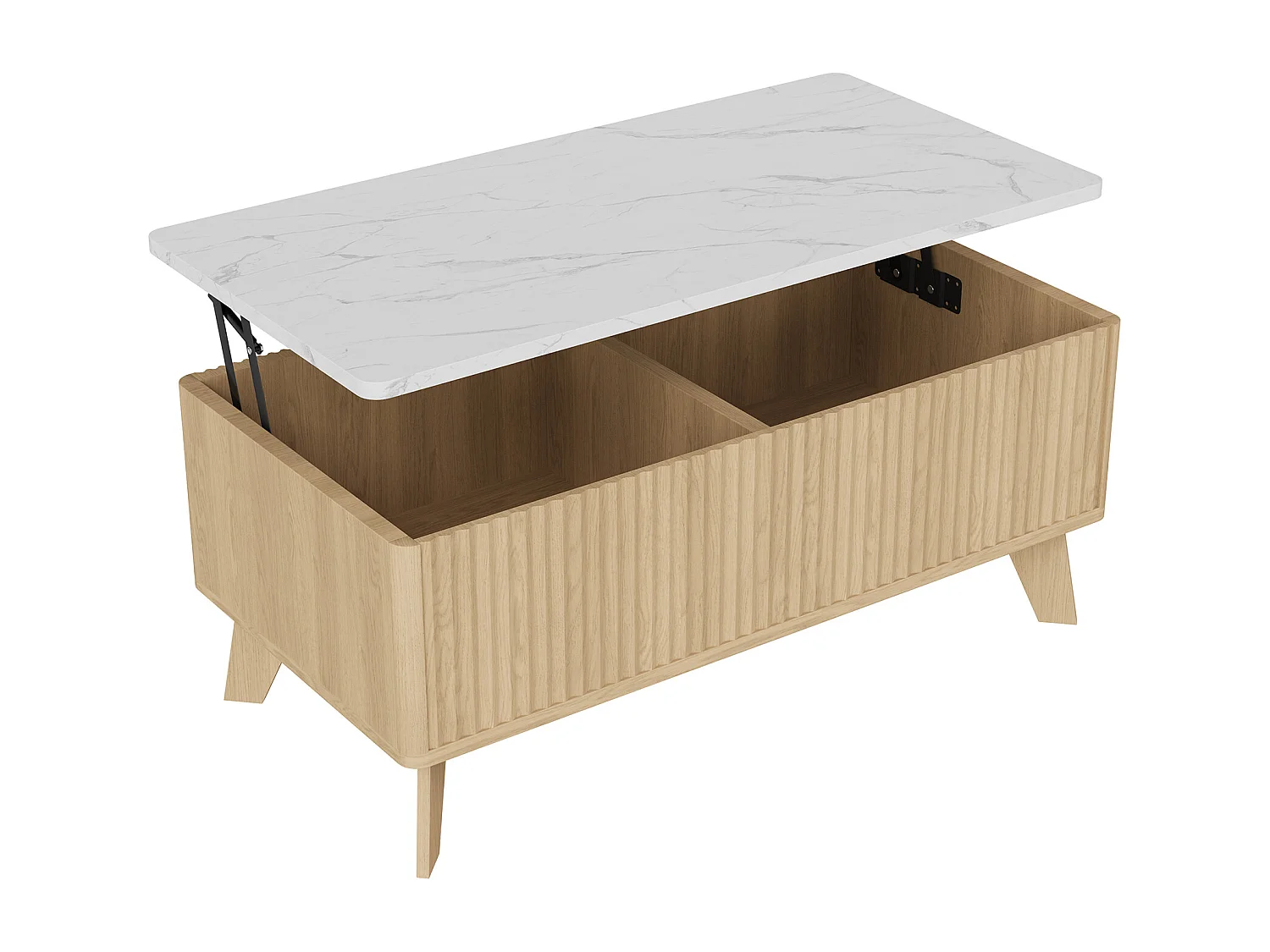 Couchtisch im Mid-Century-Stil mit Hubmechanismus und verstecktem Fach, 105 x 53 x 42 cm, Weiß + Elfenbein