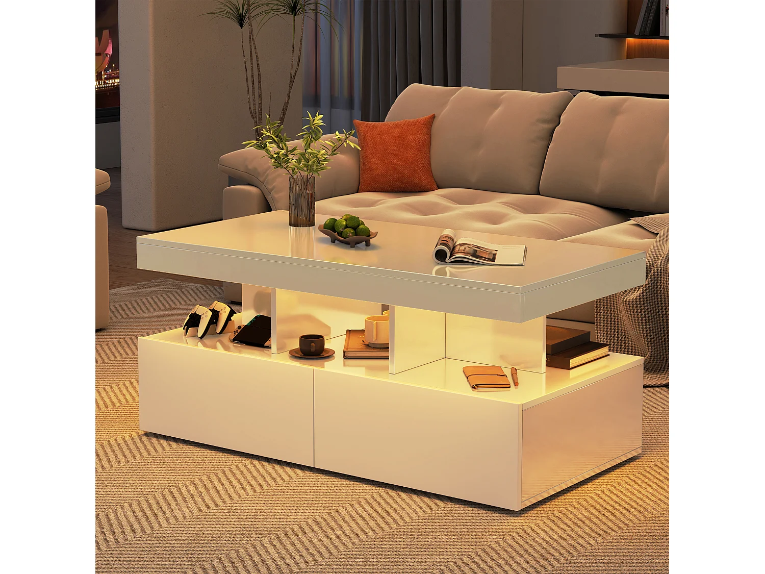 LED-salontafel, rechthoekige woonkamertafel met opbergvakken, 104 x 53 cm, wit