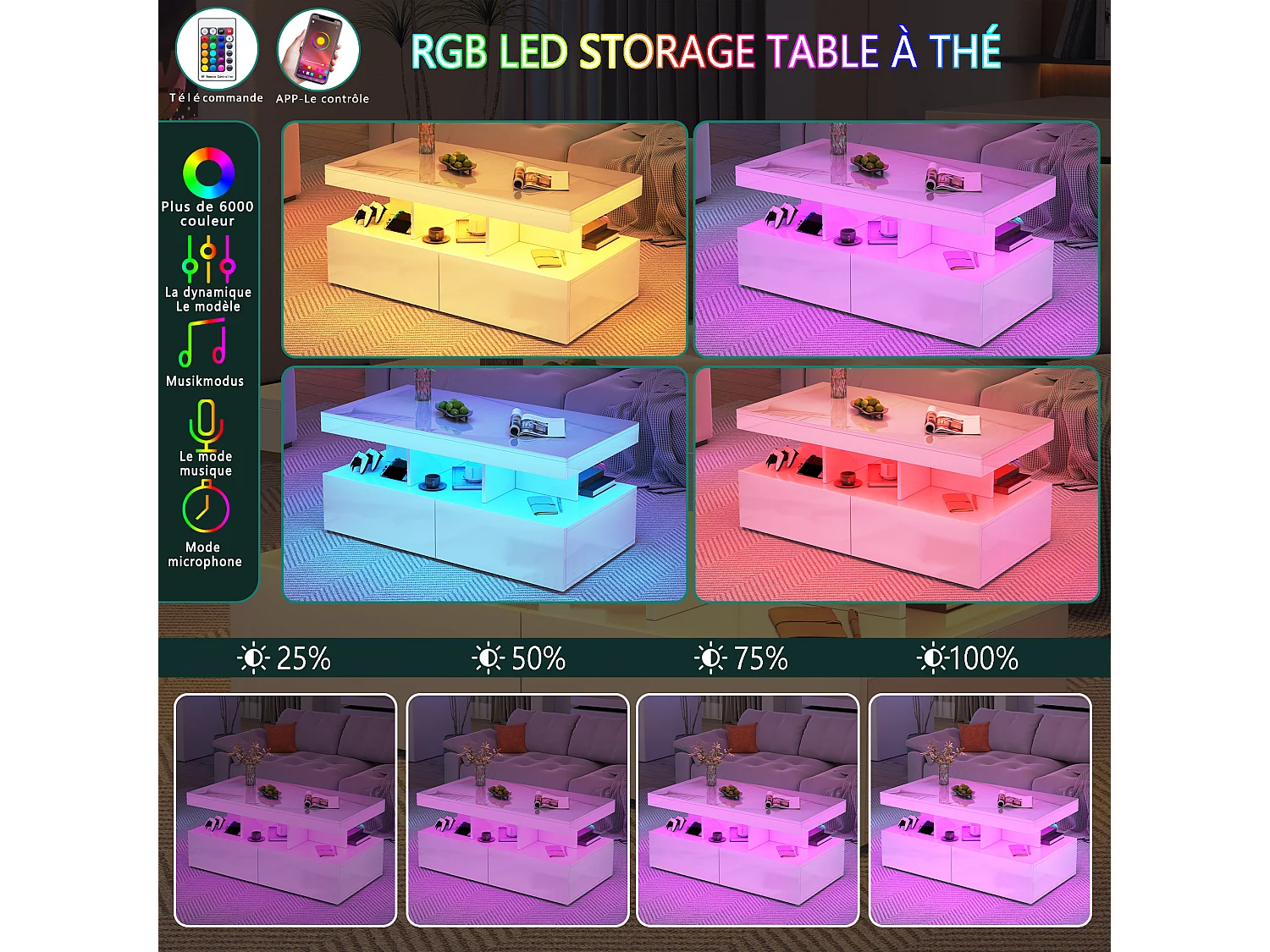 LED-salontafel, rechthoekige woonkamertafel met opbergvakken, 104 x 53 cm, wit