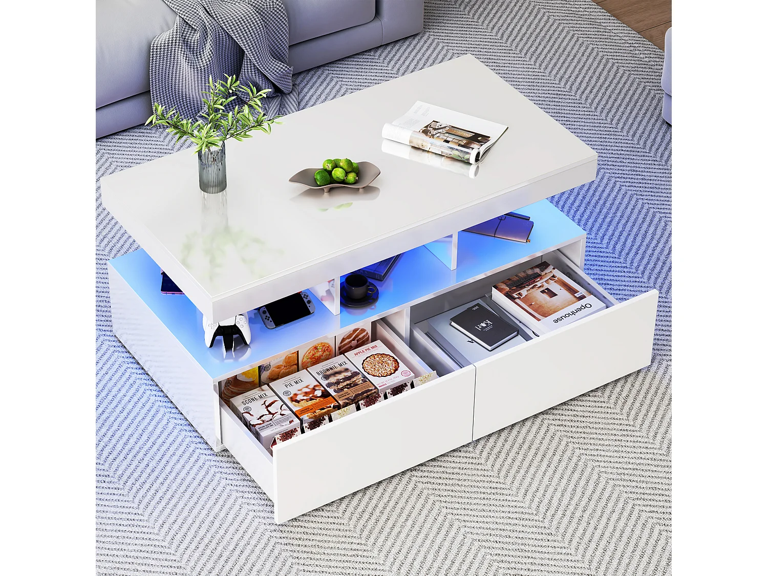 LED-salontafel, rechthoekige woonkamertafel met opbergvakken, 104 x 53 cm, wit