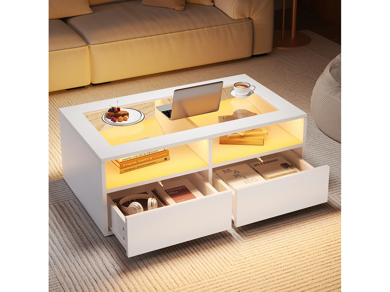 Coffee table 100x50x35cm - with LED lighting - 2 drawers - Glass top - Open storage - White