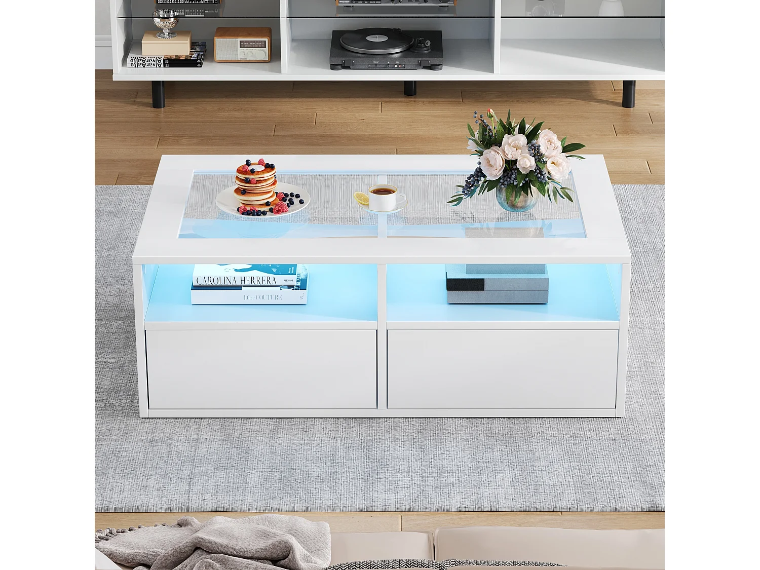 Coffee table 100x50x35cm - with LED lighting - 2 drawers - Glass top - Open storage - White