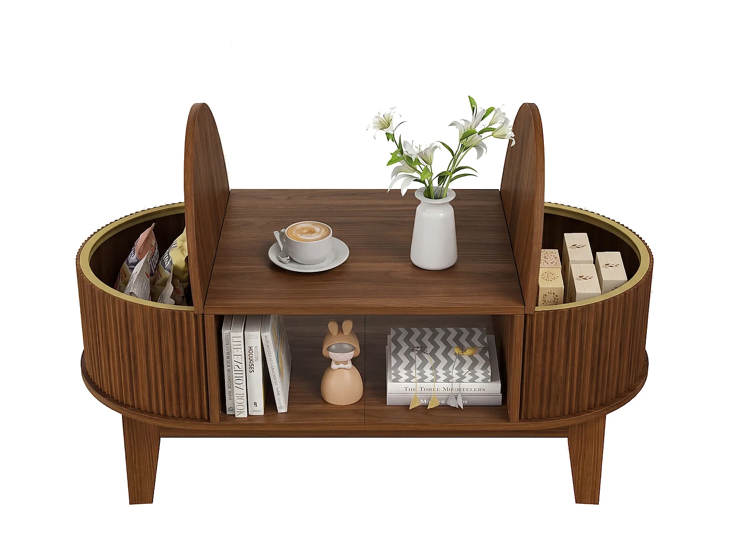 Skandinavischer Couchtisch, ovaler Wohnzimmertisch mit offenem Stauraum und verstecktem Fach, 100 x 50 x 40,5 cm, Walnussfarben