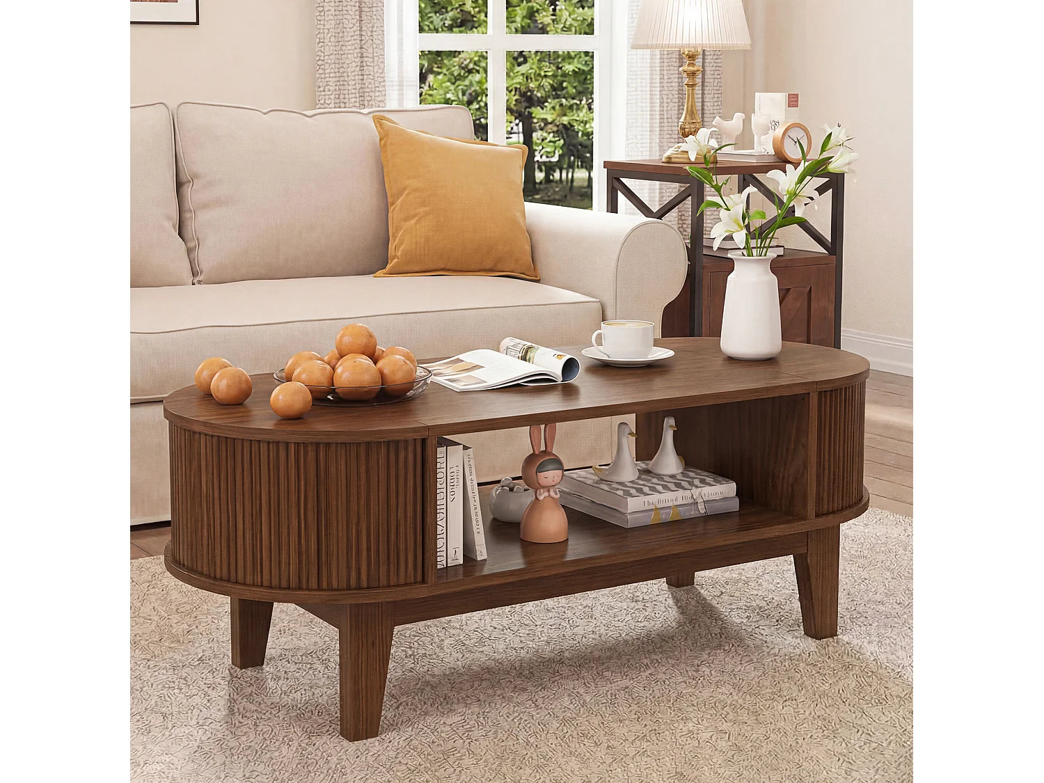 Skandinavischer Couchtisch, ovaler Wohnzimmertisch mit offenem Stauraum und verstecktem Fach, 100 x 50 x 40,5 cm, Walnussfarben