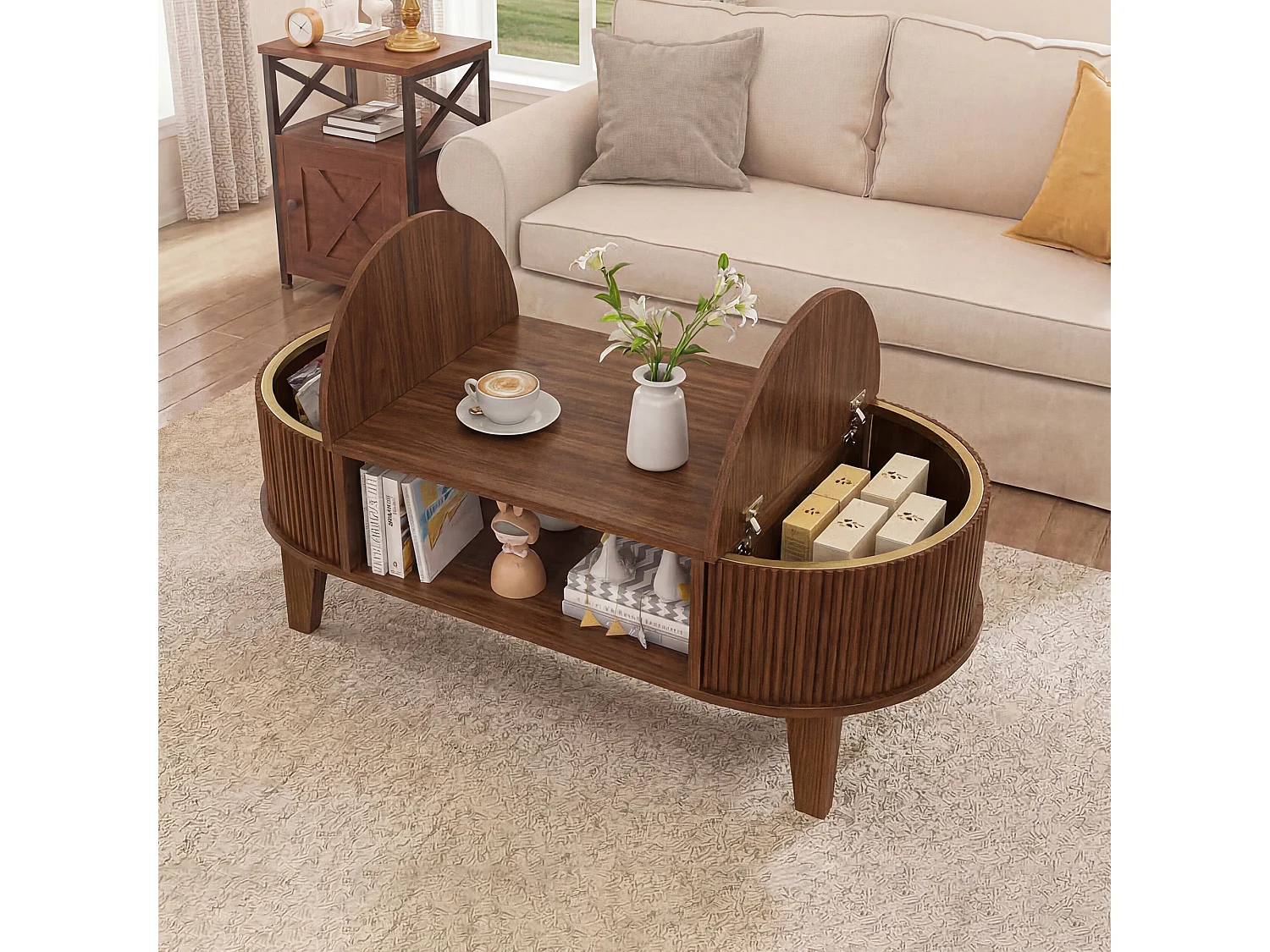 Skandinavischer Couchtisch, ovaler Wohnzimmertisch mit offenem Stauraum und verstecktem Fach, 100 x 50 x 40,5 cm, Walnussfarben
