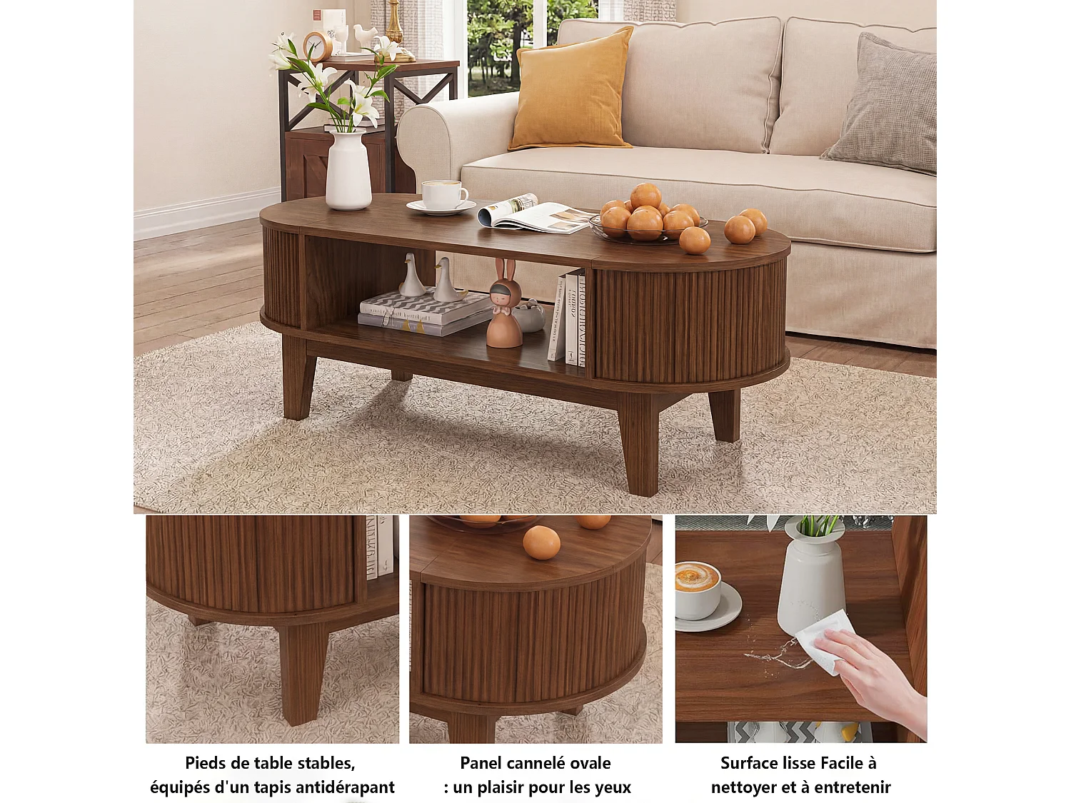 Skandinavischer Couchtisch, ovaler Wohnzimmertisch mit offenem Stauraum und verstecktem Fach, 100 x 50 x 40,5 cm, Walnussfarben
