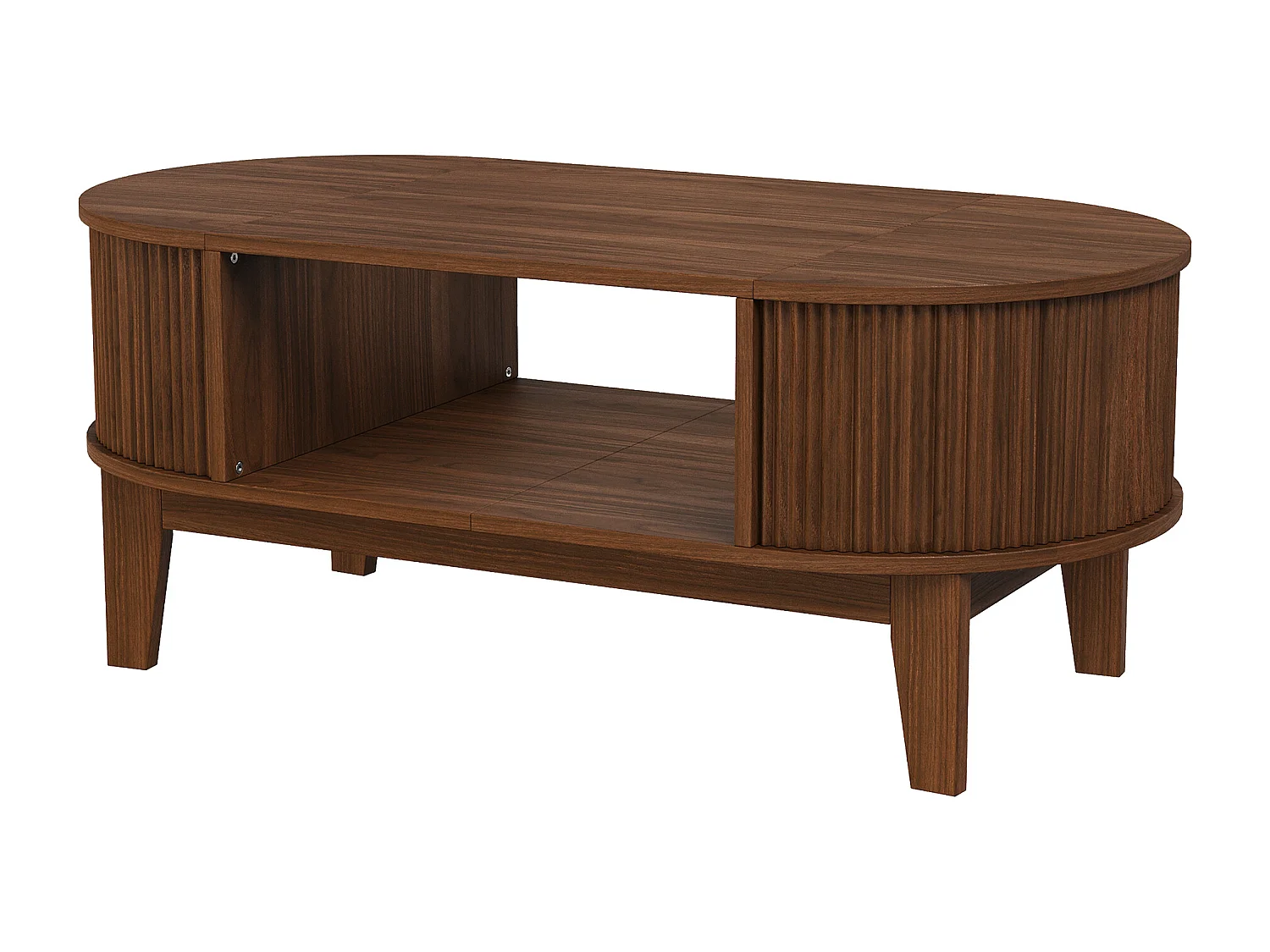 Skandinavischer Couchtisch, ovaler Wohnzimmertisch mit offenem Stauraum und verstecktem Fach, 100 x 50 x 40,5 cm, Walnussfarben