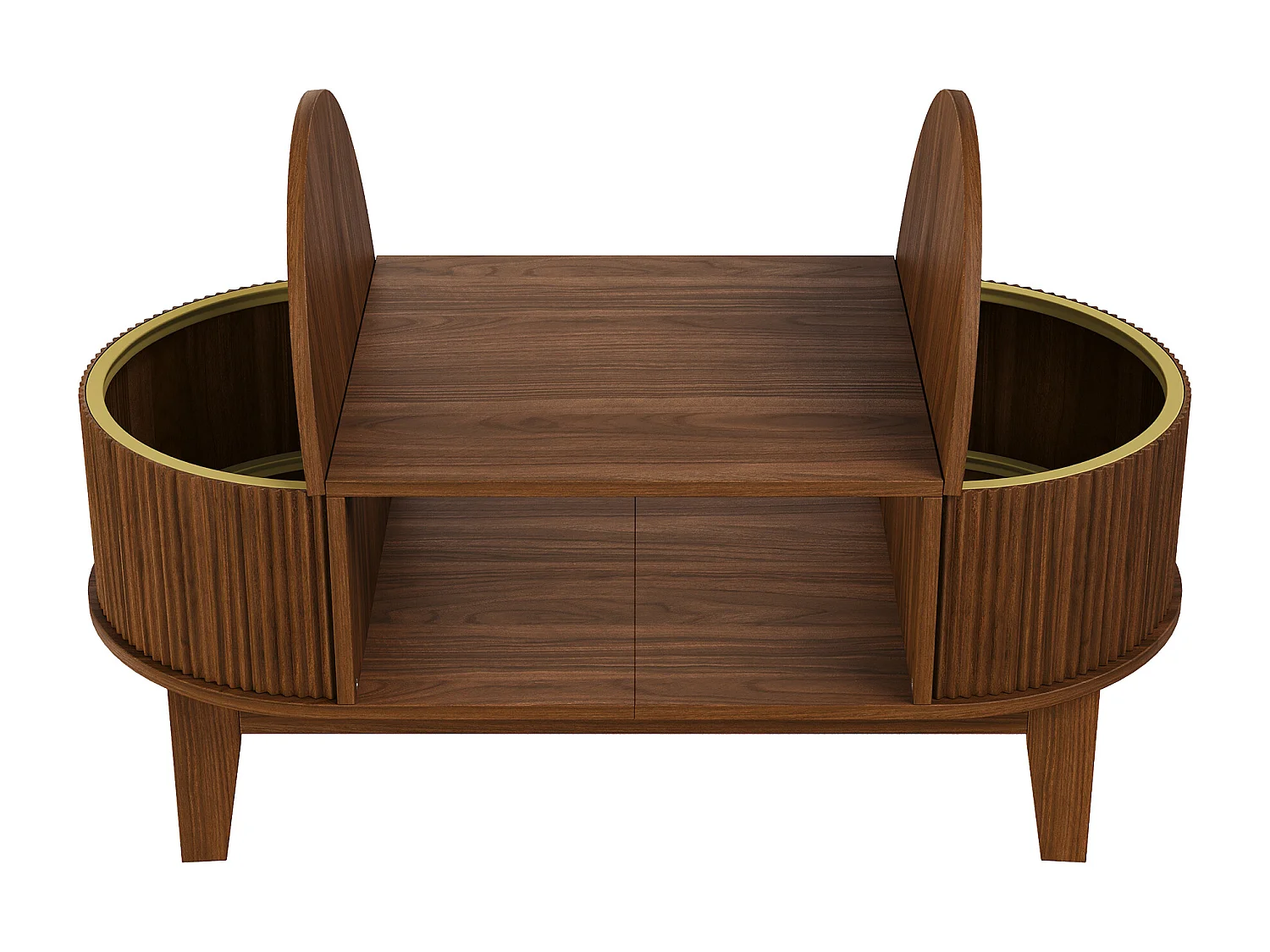 Skandinavischer Couchtisch, ovaler Wohnzimmertisch mit offenem Stauraum und verstecktem Fach, 100 x 50 x 40,5 cm, Walnussfarben