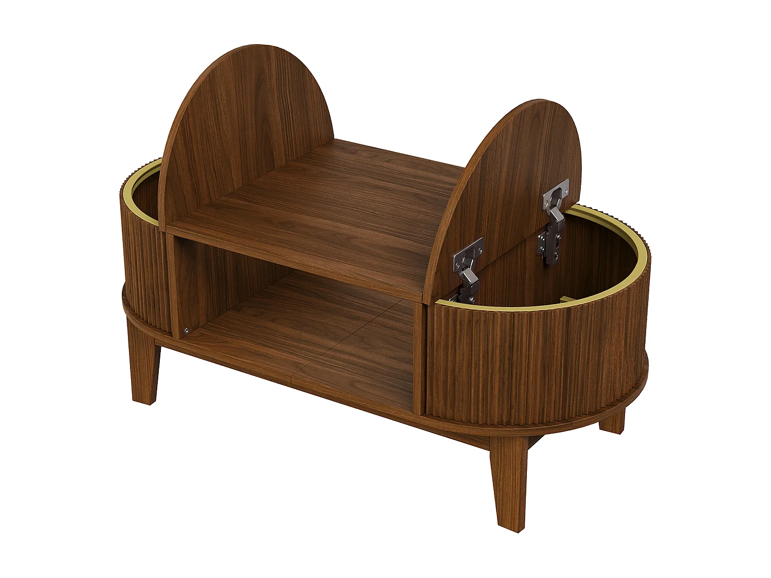 Skandinavischer Couchtisch, ovaler Wohnzimmertisch mit offenem Stauraum und verstecktem Fach, 100 x 50 x 40,5 cm, Walnussfarben