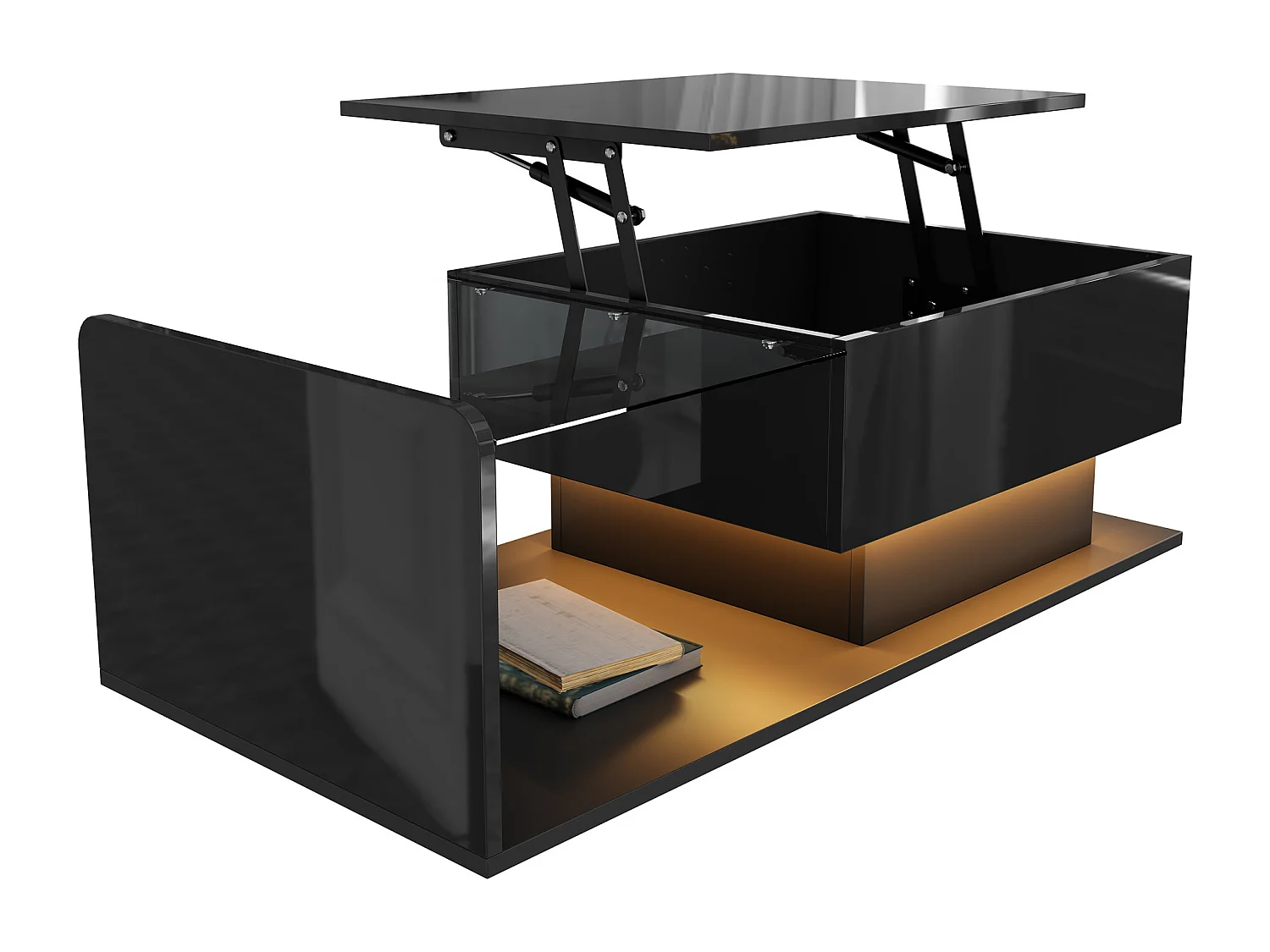 High-gloss lift-top coffee table 100x50x47.5 cm - Glass top - LED lighting - Particleboard - Black