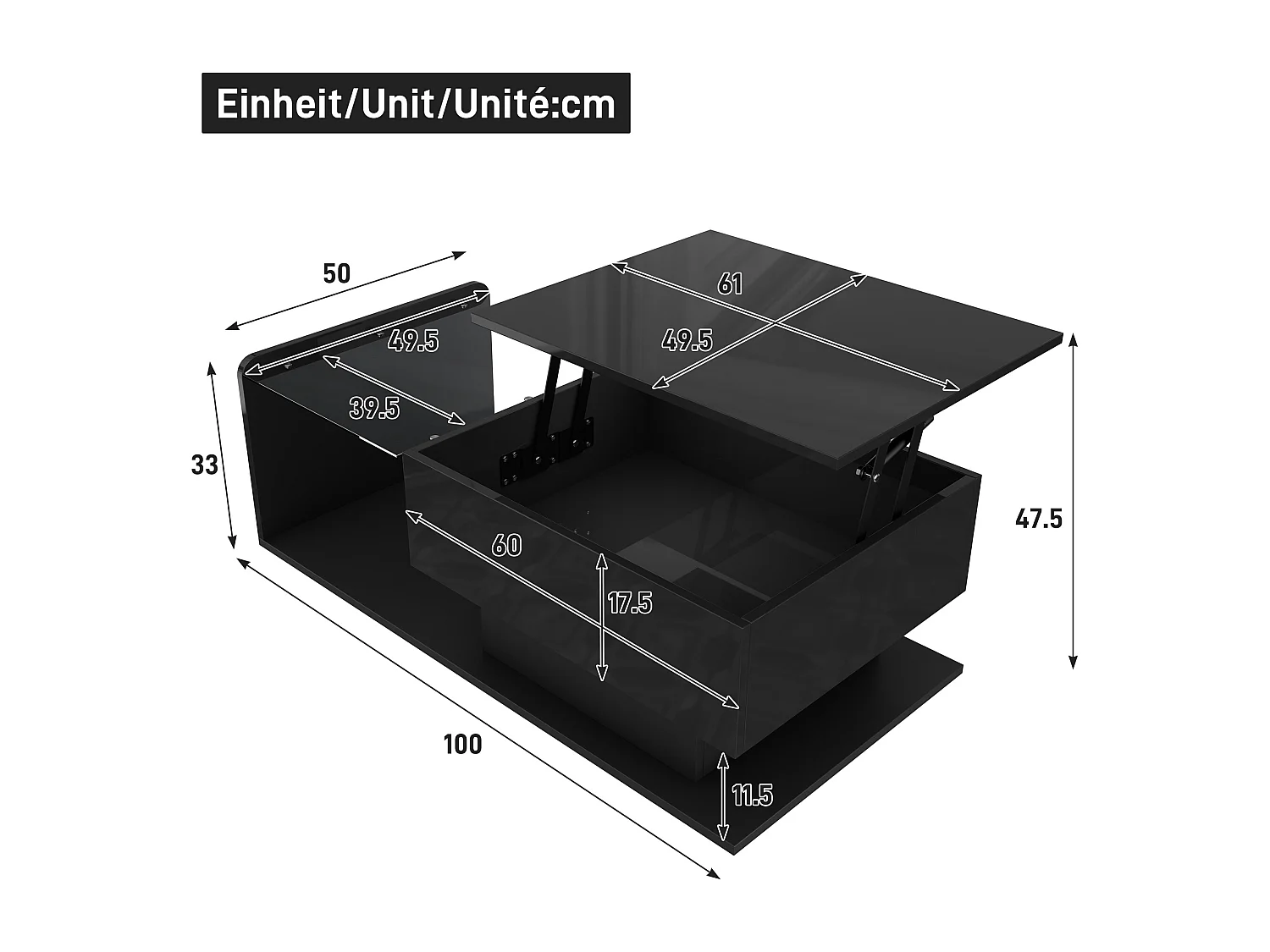 High-gloss lift-top coffee table 100x50x47.5 cm - Glass top - LED lighting - Particleboard - Black