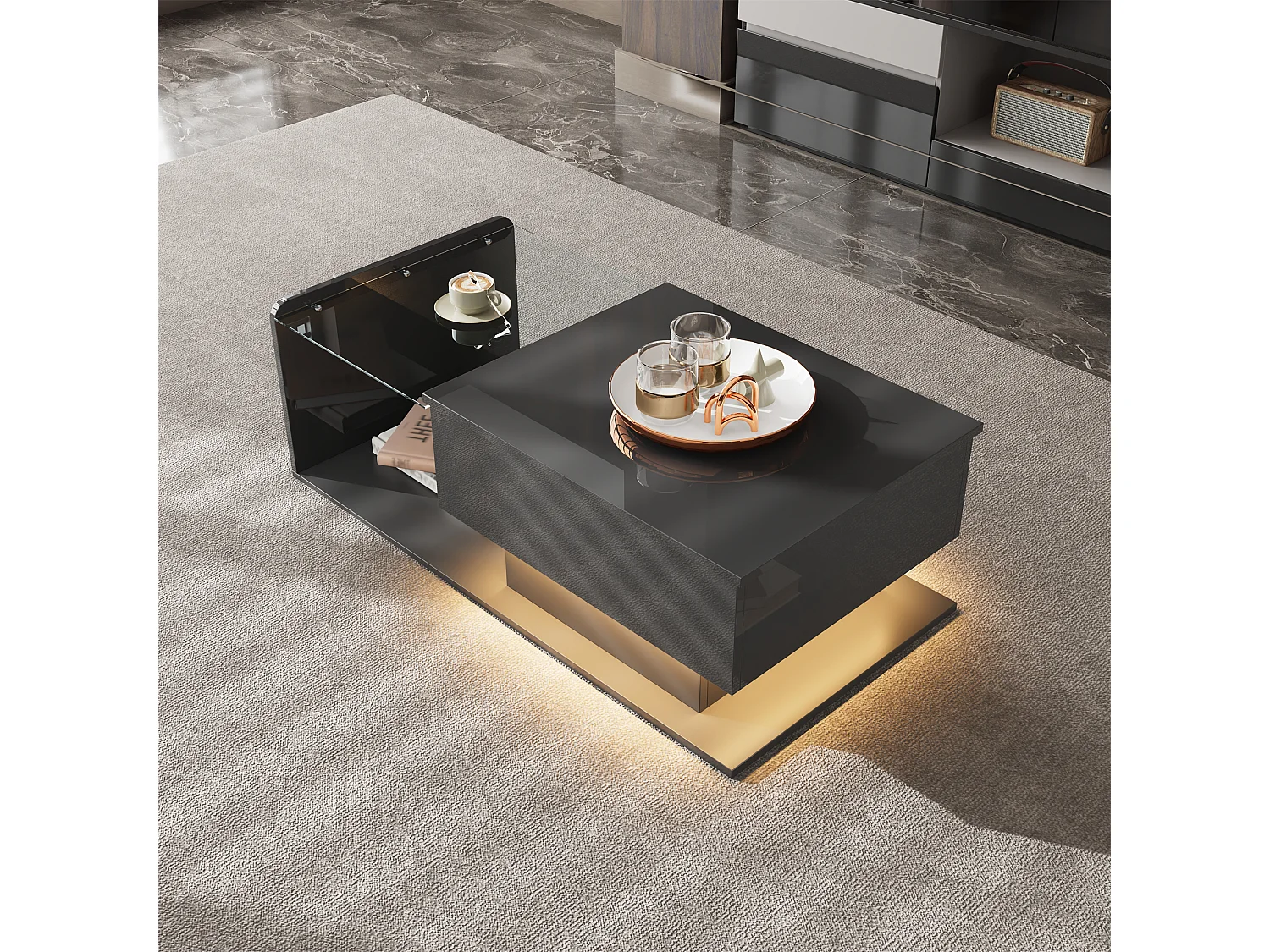 High-gloss lift-top coffee table 100x50x47.5 cm - Glass top - LED lighting - Particleboard - Black