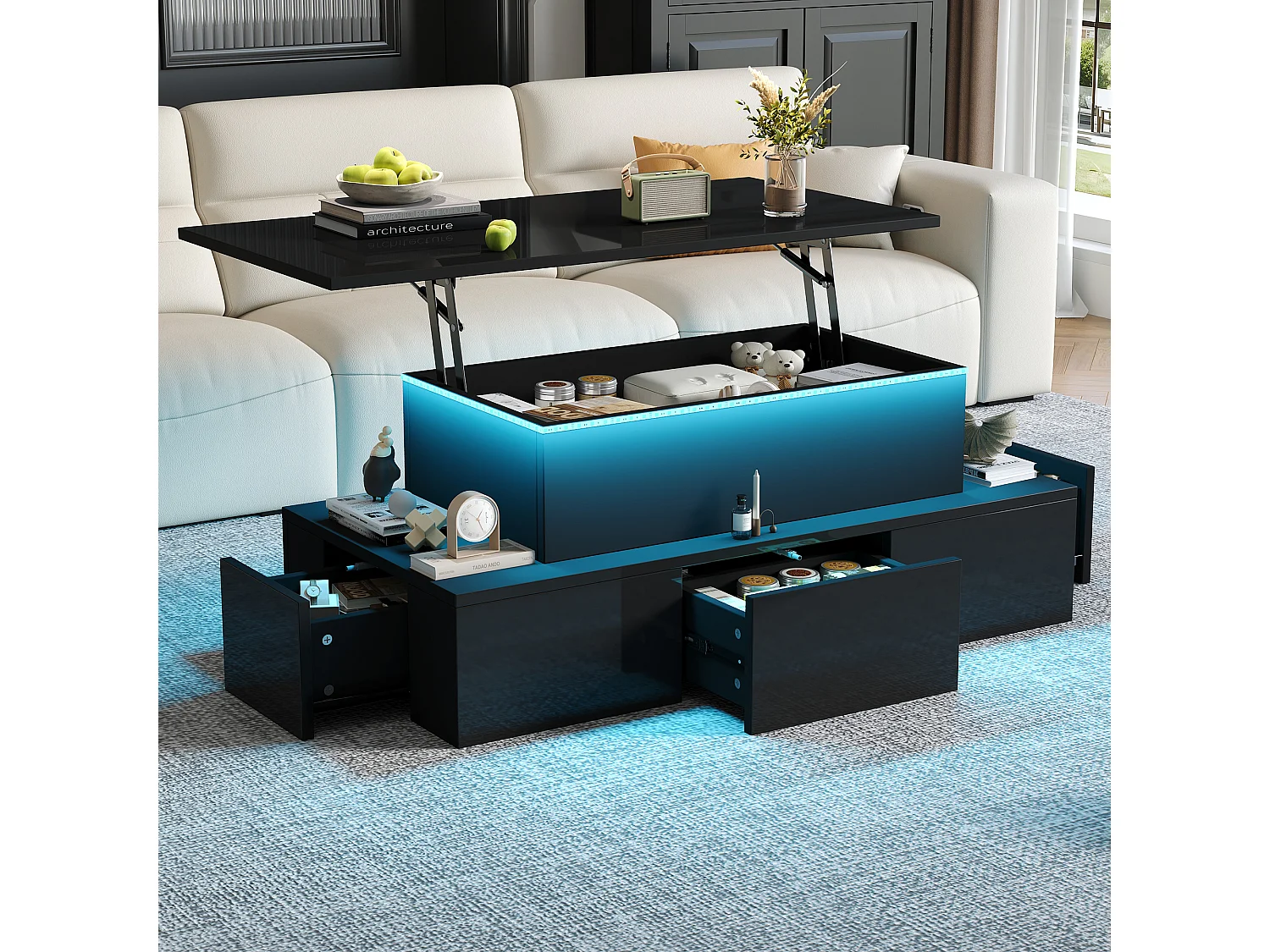 Lift-top coffee table with LED lighting - 4 drawers - Black