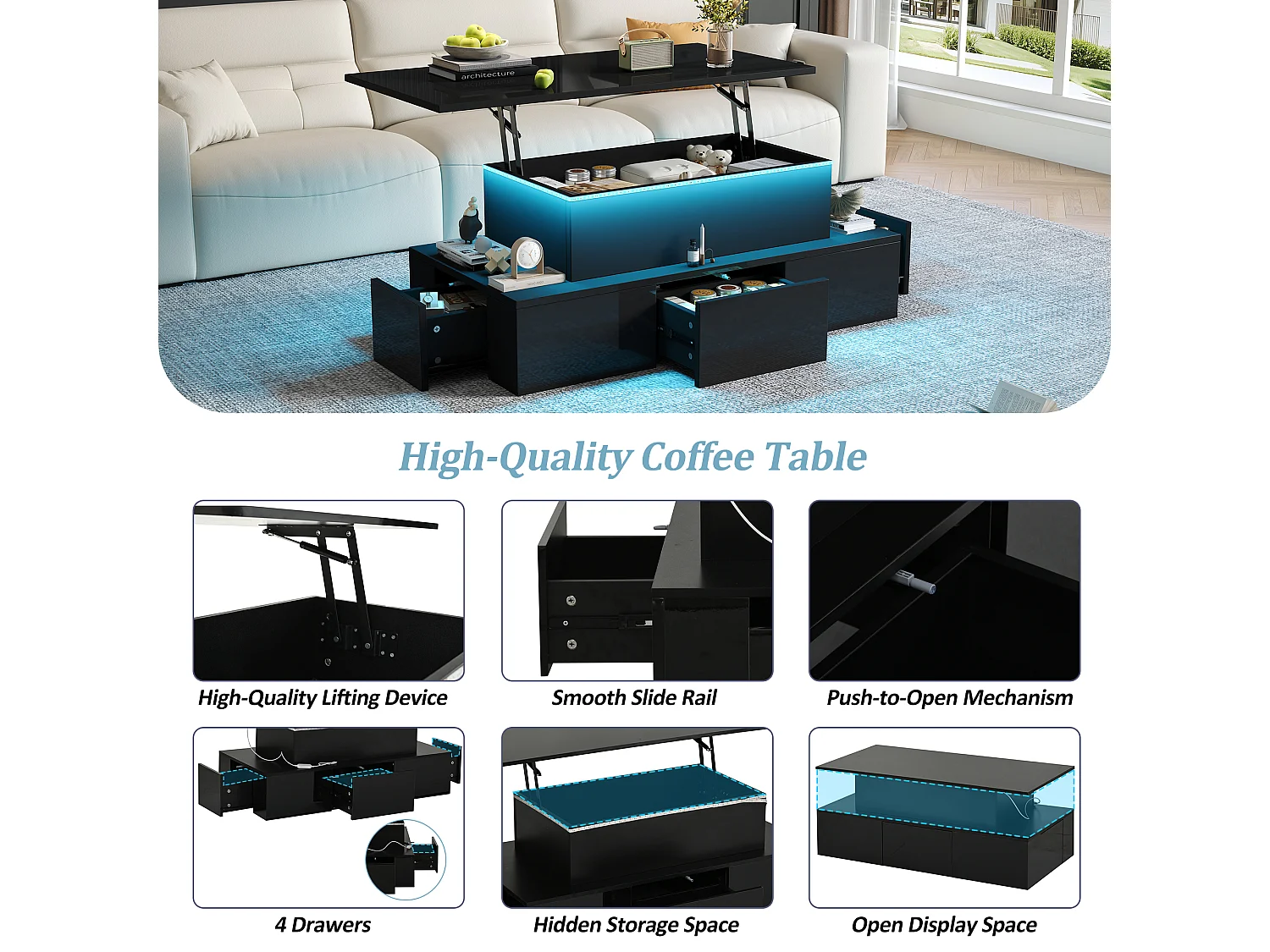 Lift-top coffee table with LED lighting - 4 drawers - Black