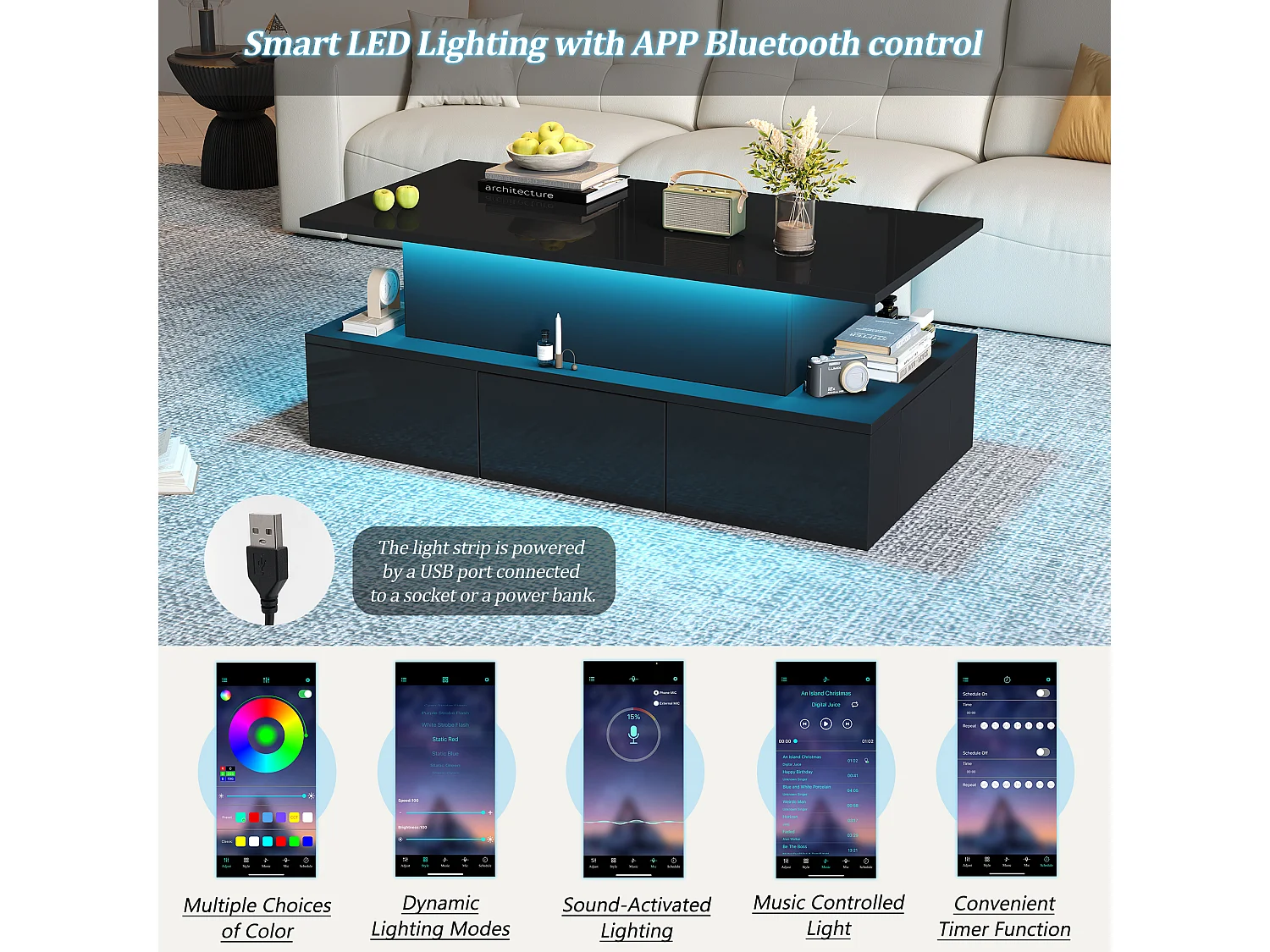 Lift-top coffee table with LED lighting - 4 drawers - Black