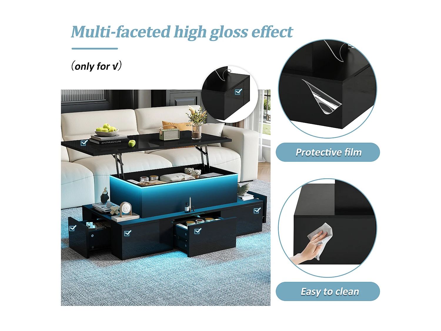 Lift-top coffee table with LED lighting - 4 drawers - Black