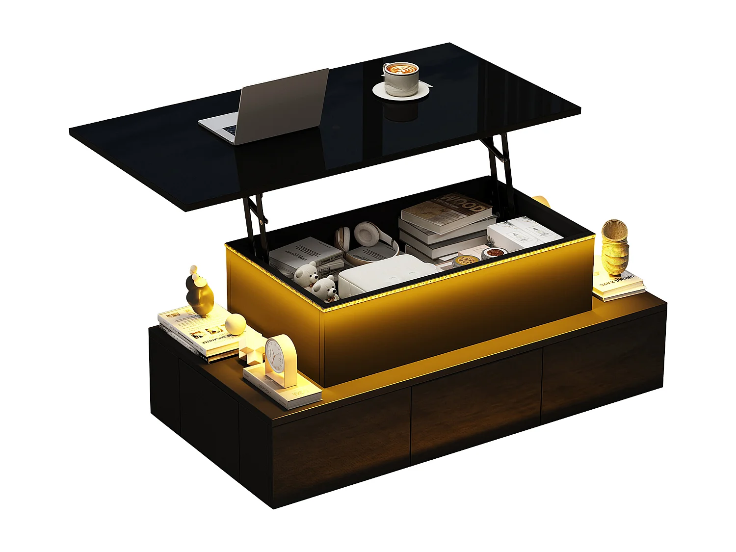Lift-top coffee table with LED lighting - 4 drawers - Black