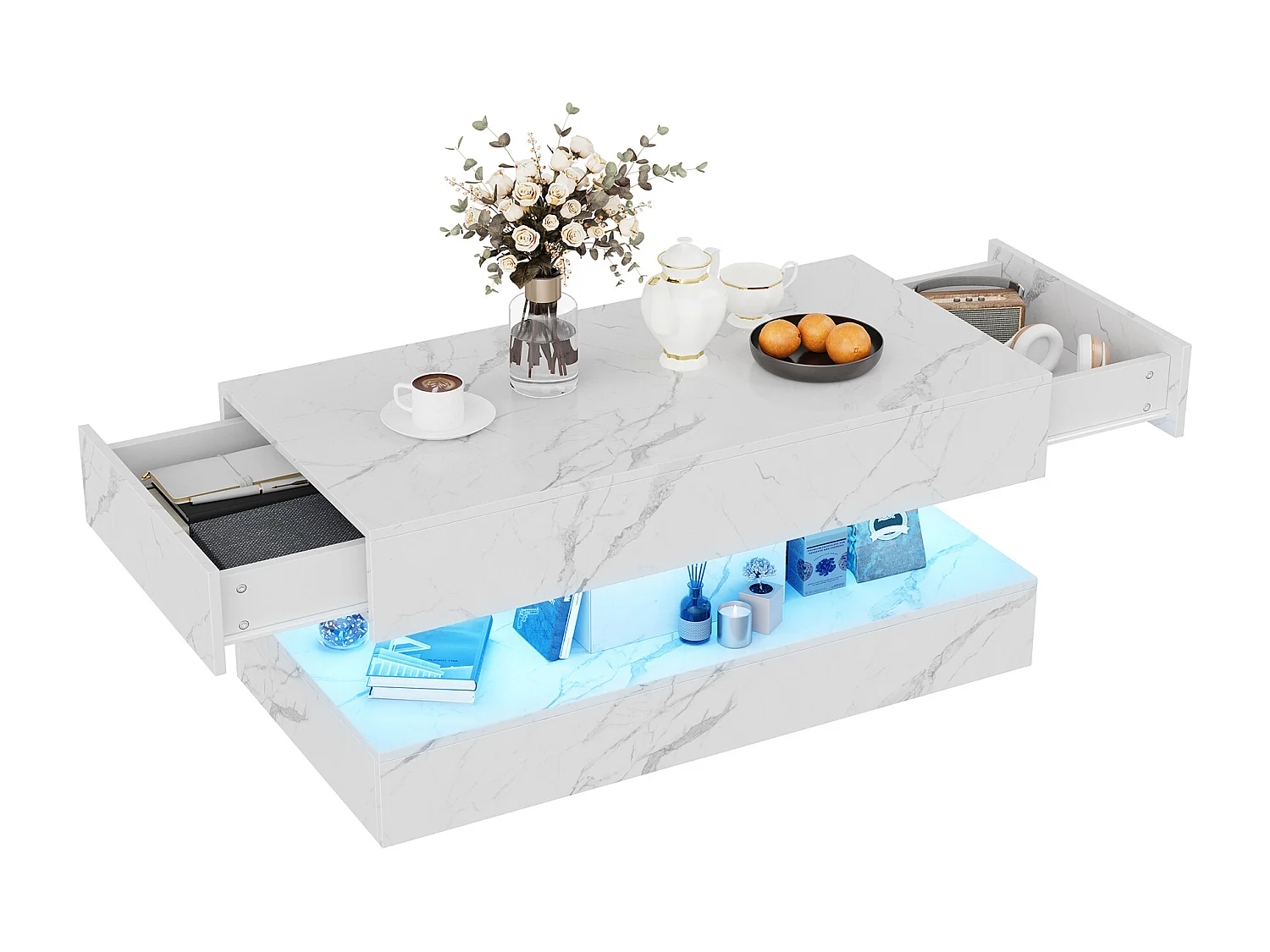 Moderner LED-Couchtisch in Marmoroptik, 2 Schubladen, 100 x 50 x 40 cm, Weiß
