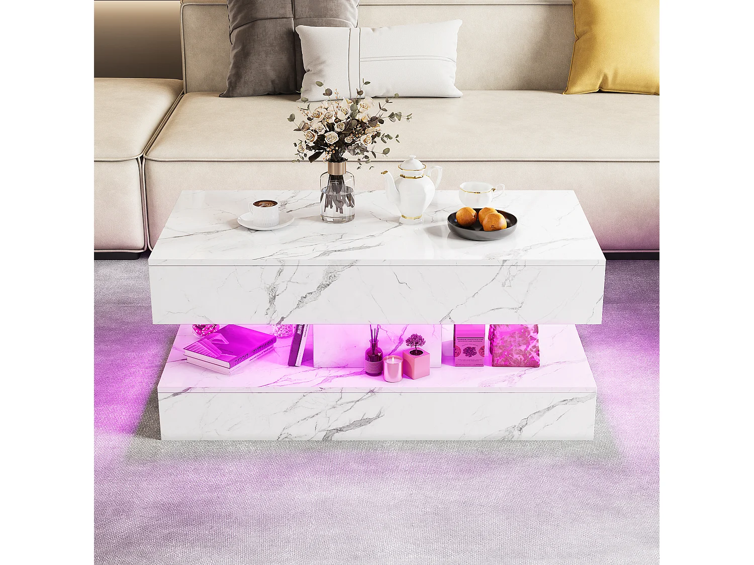 Moderner LED-Couchtisch in Marmoroptik, 2 Schubladen, 100 x 50 x 40 cm, Weiß