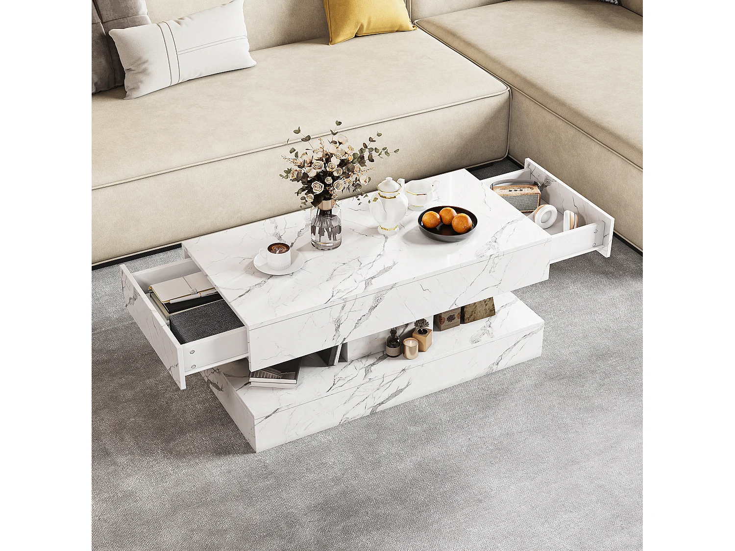 Moderner LED-Couchtisch in Marmoroptik, 2 Schubladen, 100 x 50 x 40 cm, Weiß