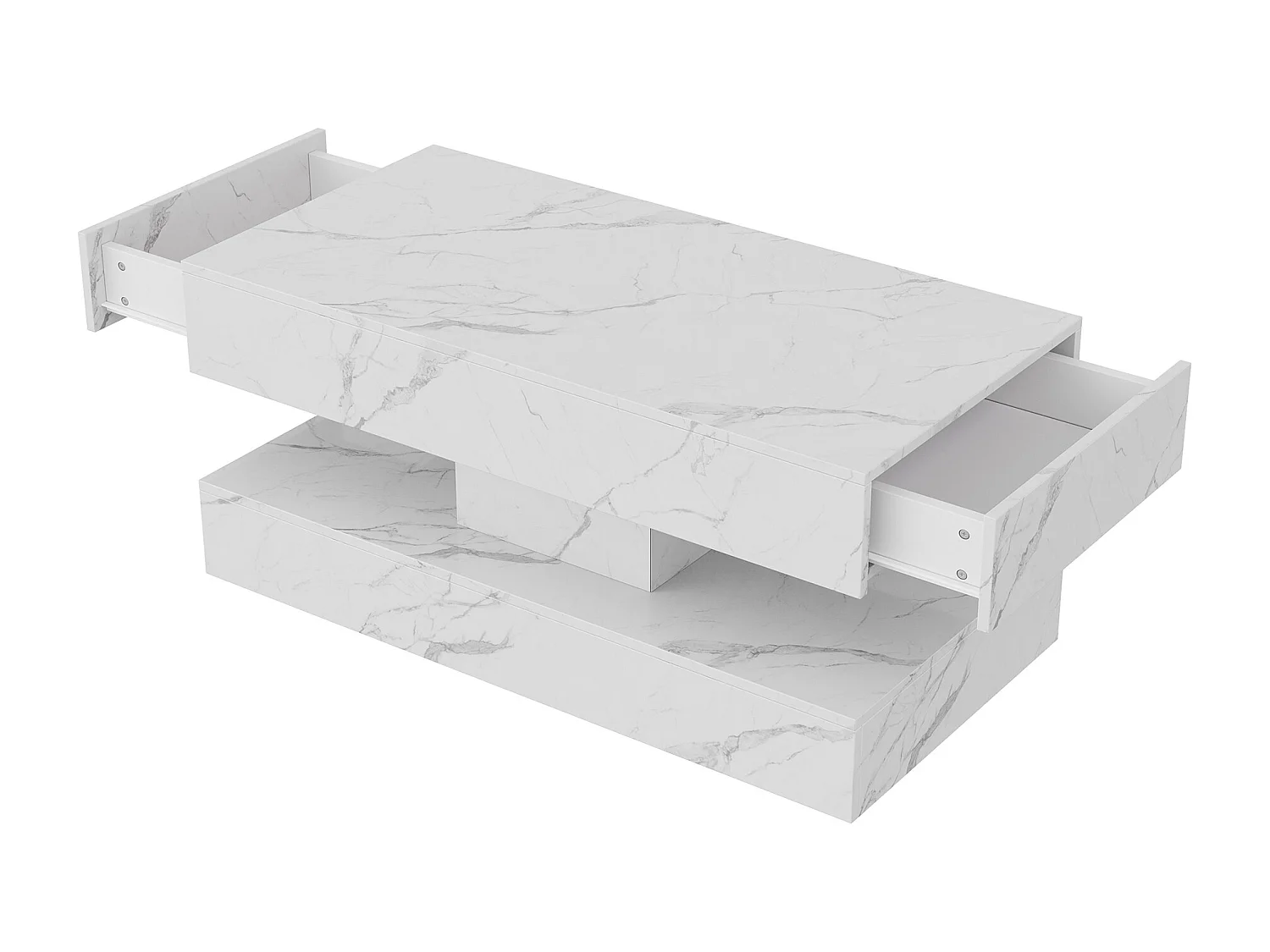 Moderner LED-Couchtisch in Marmoroptik, 2 Schubladen, 100 x 50 x 40 cm, Weiß