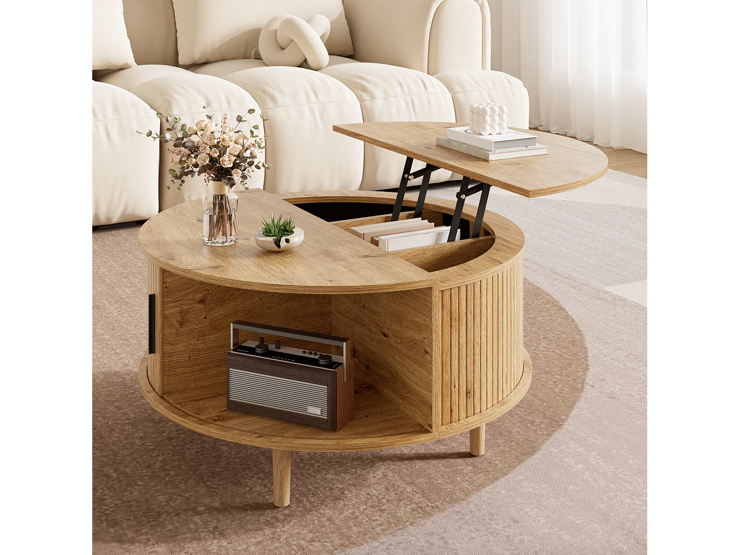 Verstelbare salontafel - met opbergruimte - schuifdeuren - poten van massief hout - MDF - naturel