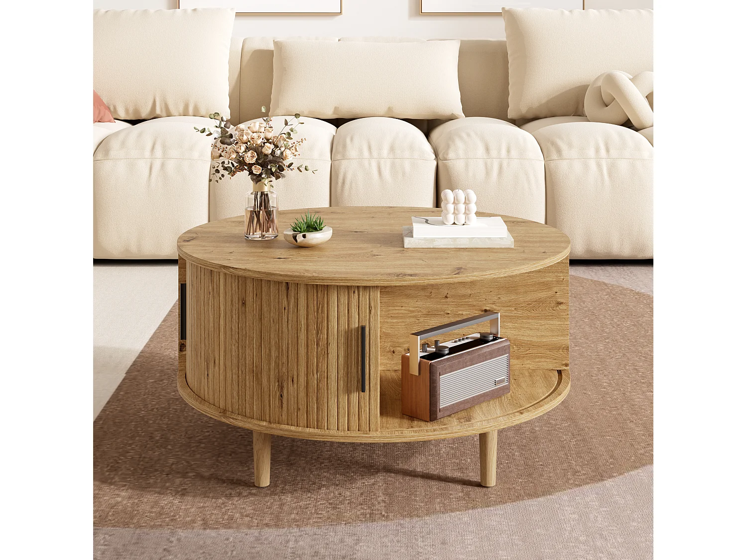 Verstelbare salontafel - met opbergruimte - schuifdeuren - poten van massief hout - MDF - naturel