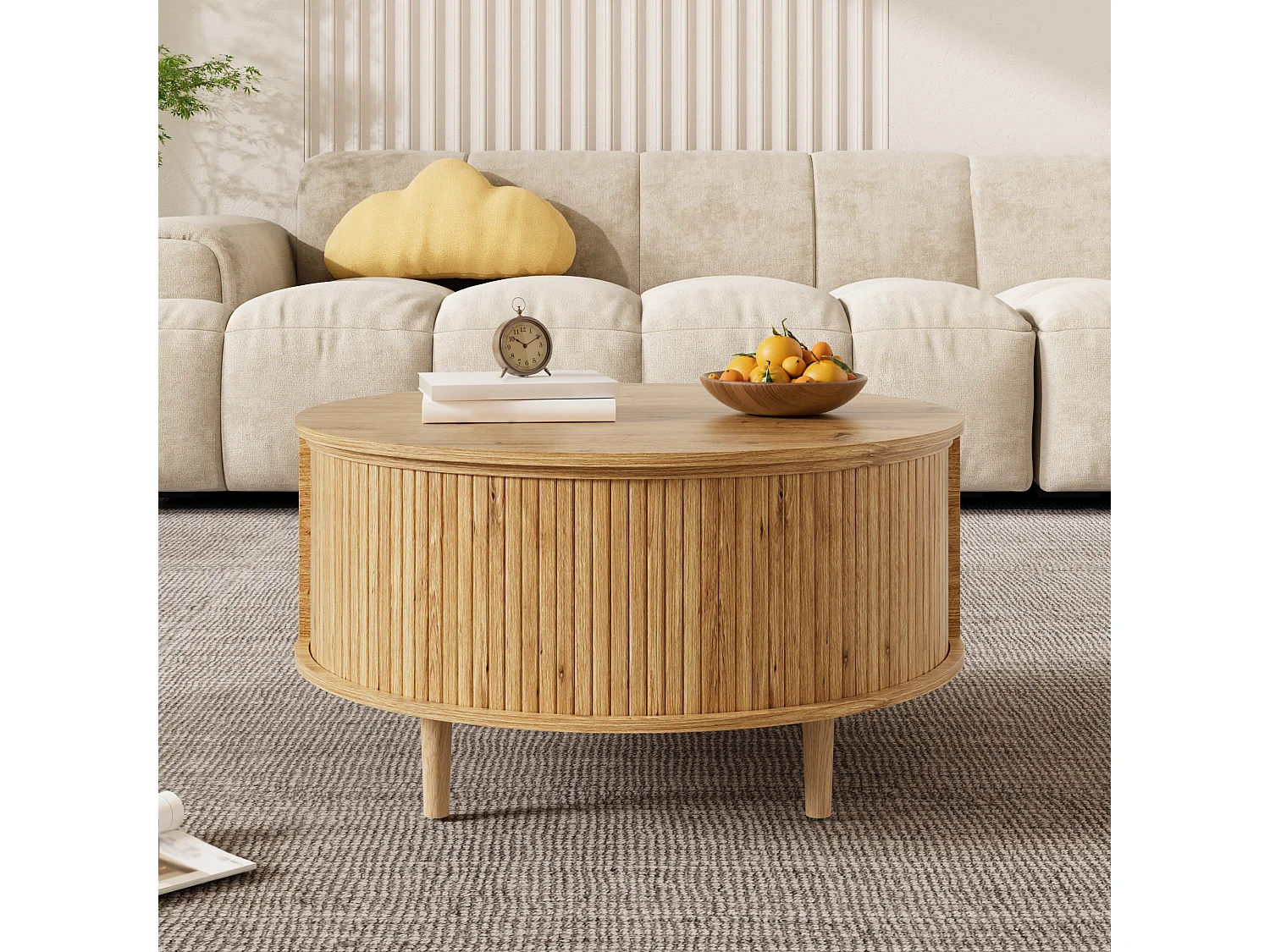 Verstelbare salontafel - met opbergruimte - schuifdeuren - poten van massief hout - MDF - naturel