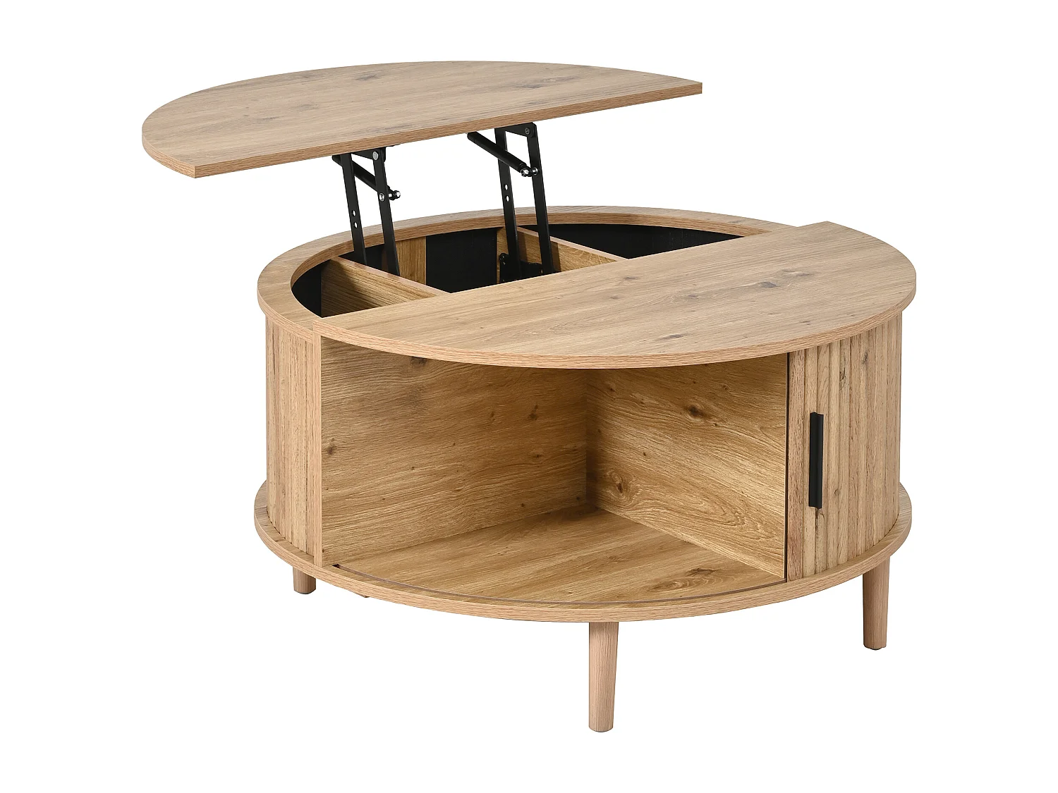 Verstelbare salontafel - met opbergruimte - schuifdeuren - poten van massief hout - MDF - naturel
