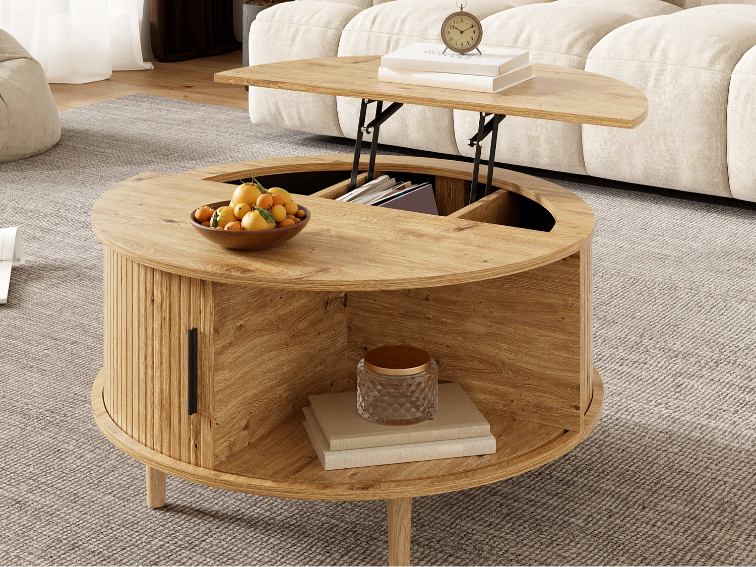 Verstelbare salontafel - met opbergruimte - schuifdeuren - poten van massief hout - MDF - naturel
