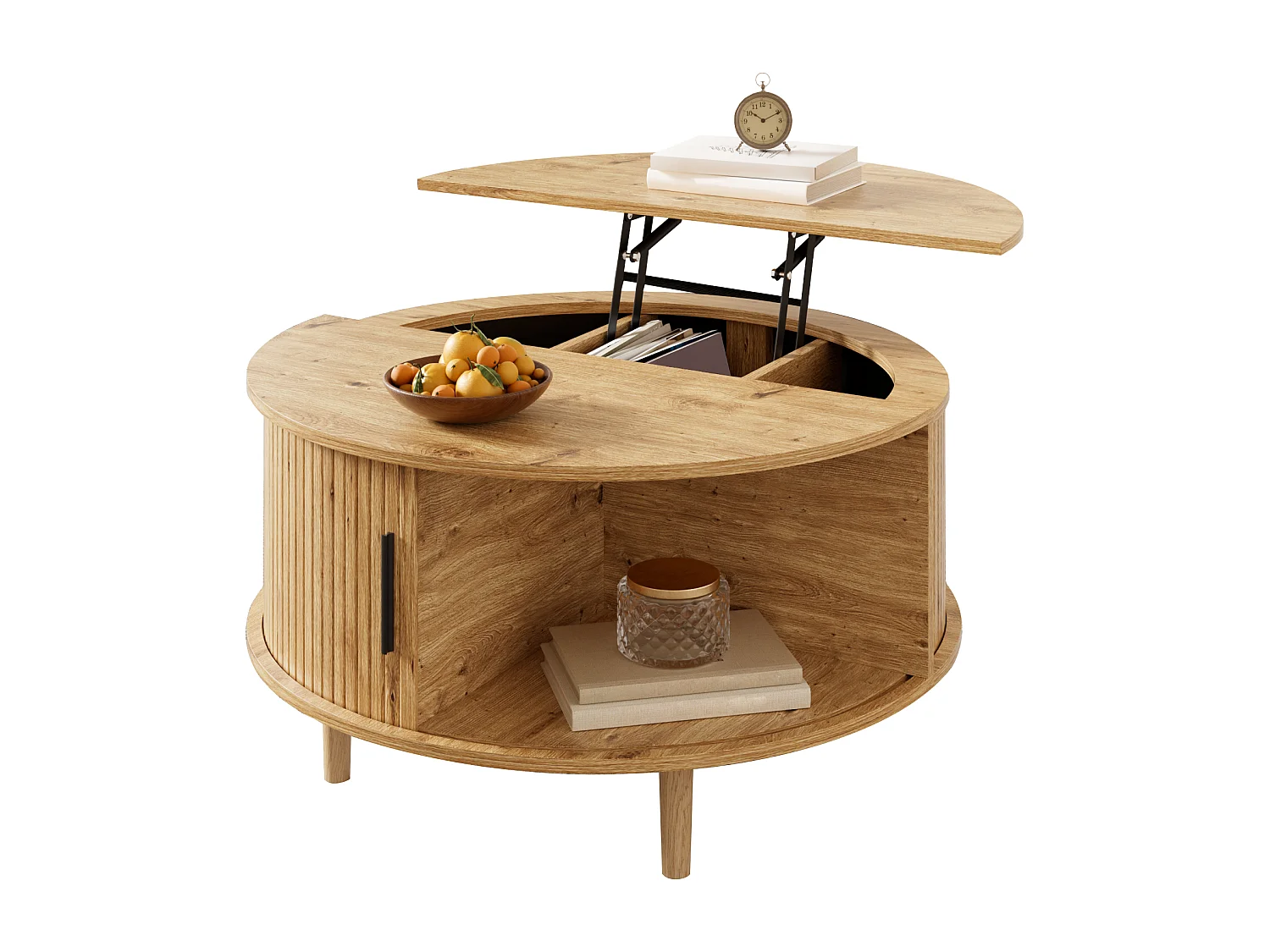 Verstelbare salontafel - met opbergruimte - schuifdeuren - poten van massief hout - MDF - naturel