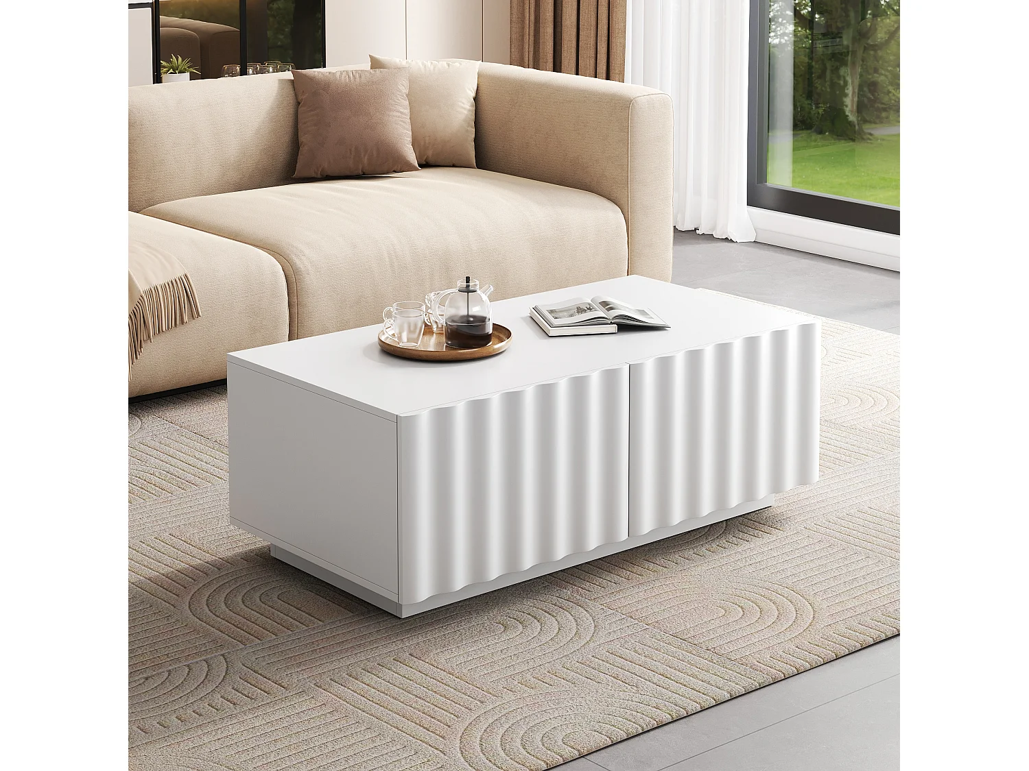 Couchtisch mit Wellenmuster – 100 x 50 x 40 cm – mit 2 Schubladen – modern und minimalistisch – MDF + Spanplatte – weiß