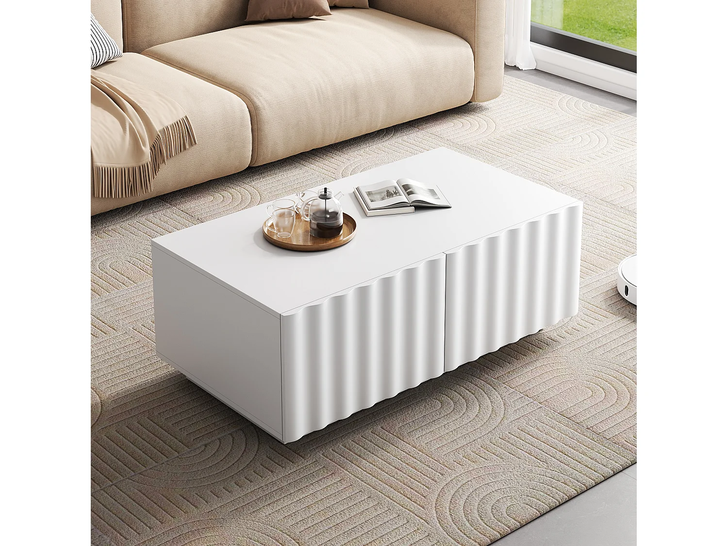 Couchtisch mit Wellenmuster – 100 x 50 x 40 cm – mit 2 Schubladen – modern und minimalistisch – MDF + Spanplatte – weiß